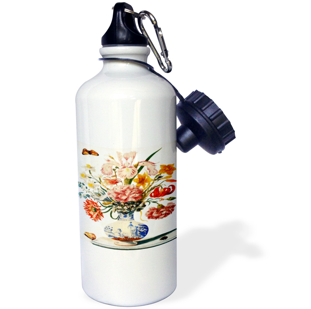 3dRose Image of Vintage Maria Merian Oriental Bouquet With Butterfly In Vase, Sports Water Bottle, 21oz