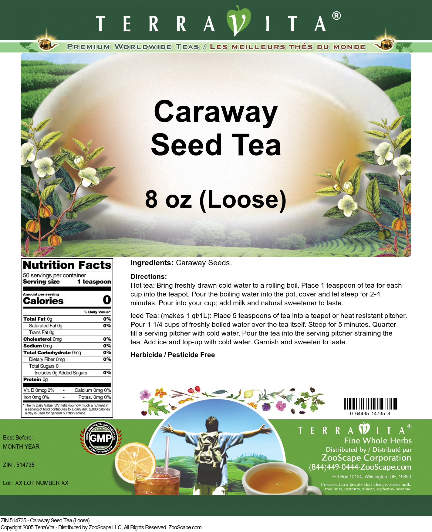 TerraVita Caraway Seed Tea, (Loose Leaf Herbal Tea, 8 oz, 3-Pack, Zin: 514735)