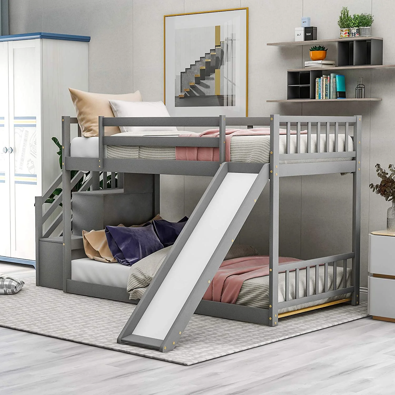 SOFTSEA Twin Over Twin Low Bunk Bed  Junior's Floor Bunk Bed with Stairs  Slide and Storage Space Multifunctional Design(White)