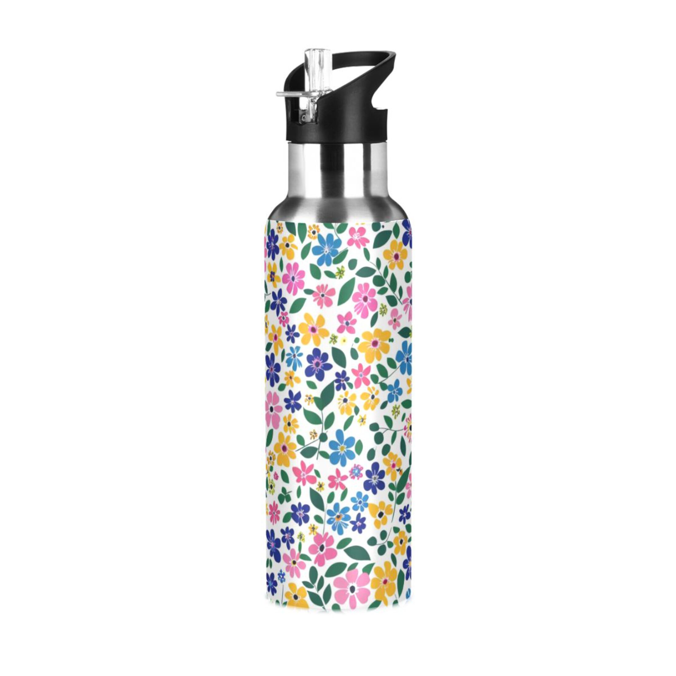 Colorful Floral Water Bottles Insulated Thermos Kids Stainless Steel Bottle with Straw Lid Flask Leakproof for Sports Gym 20 oz