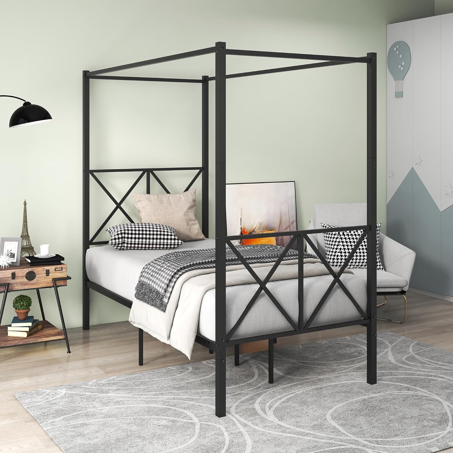 Size Metal Caopy Bed Frame, Metal Platform Bed Frame With X Shaped Headboard Ad Footboard, Black