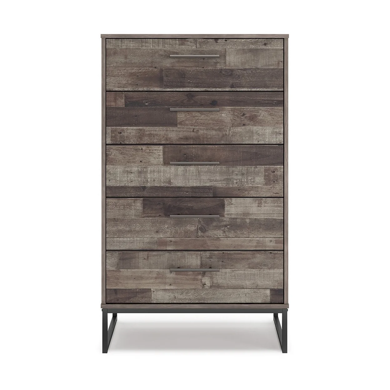 Vyne 51 Inch Tall Dresser 5 Drawers Chest Gray Woodblock Black Metal Base - Saltoro Sherpi