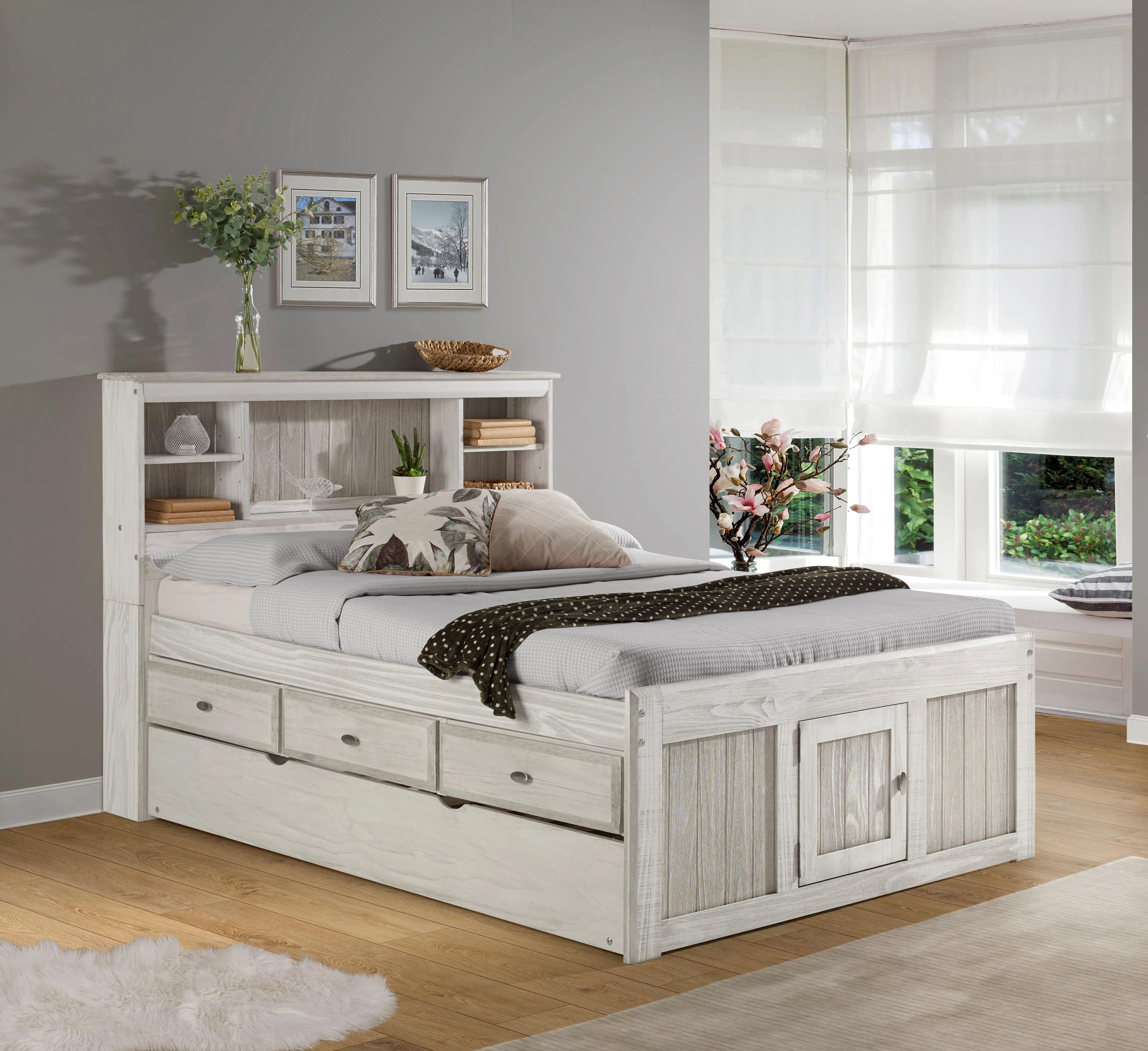 Discovery World Furniture Full Bookcase Bed with 3 Drawers and Trundle in Ash