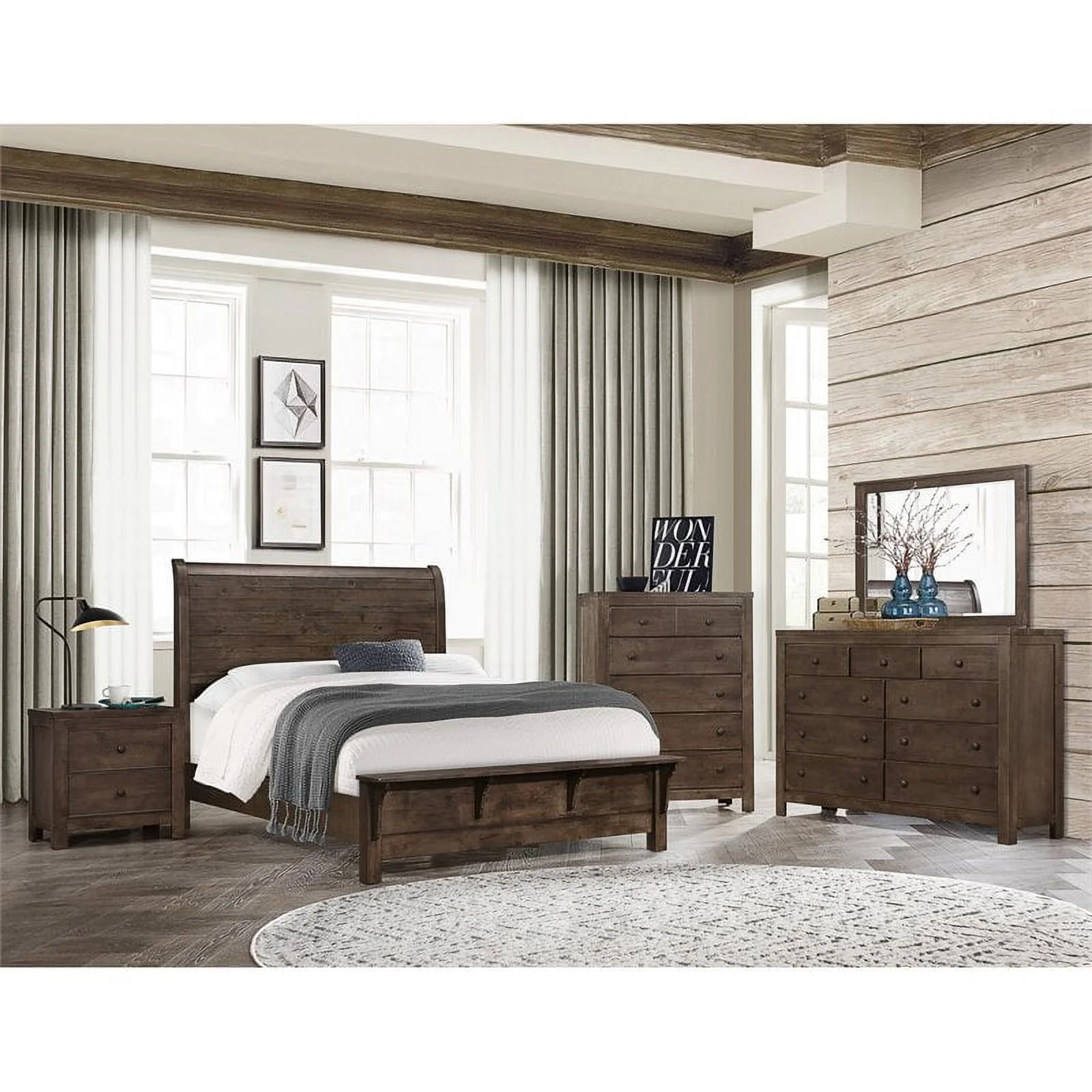 Wallace & Bay Bonilla Gray Brown Queen Bed with Curved Plank Headboard And Built-In Bench Footboard