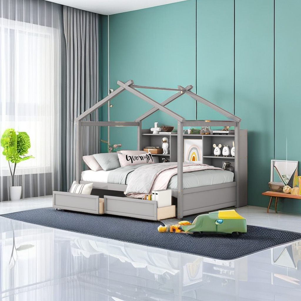 House Bed with Storage, Full Size House Bed with Storage Shelves and 2 Drawers, Wood Bed Frame with Roof for Kids, Teens, Boys or Girls, Easy Assembly (with Drawers)