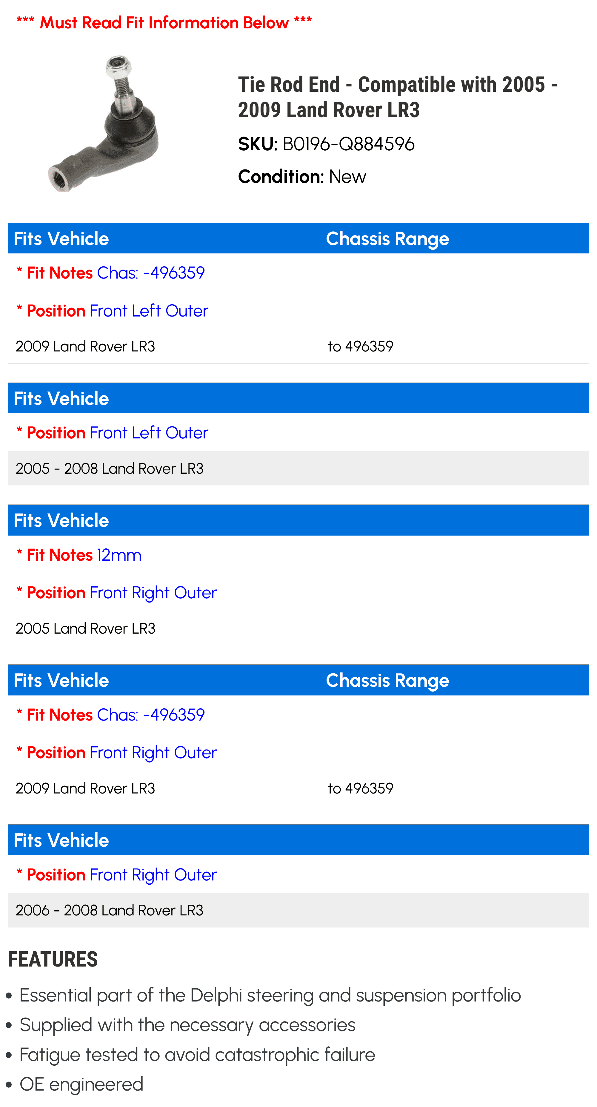 Tie Rod End - Compatible with 2005 - 2009 Land Rover LR3 2006 2007 2008