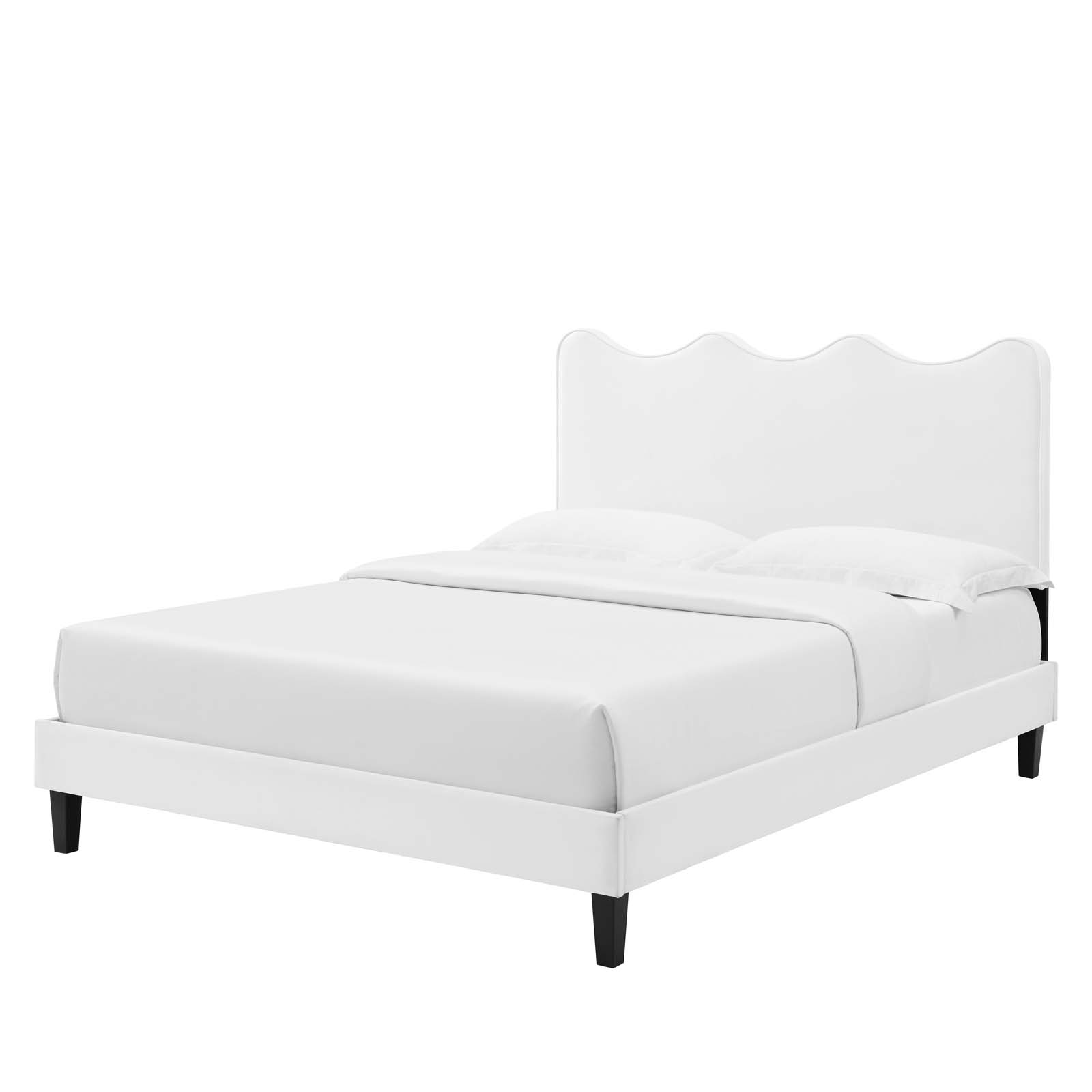 Platform Bed Frame, Queen Size, White, Velvet, Modern Contemporary, Bedroom Master Guest Suite Room