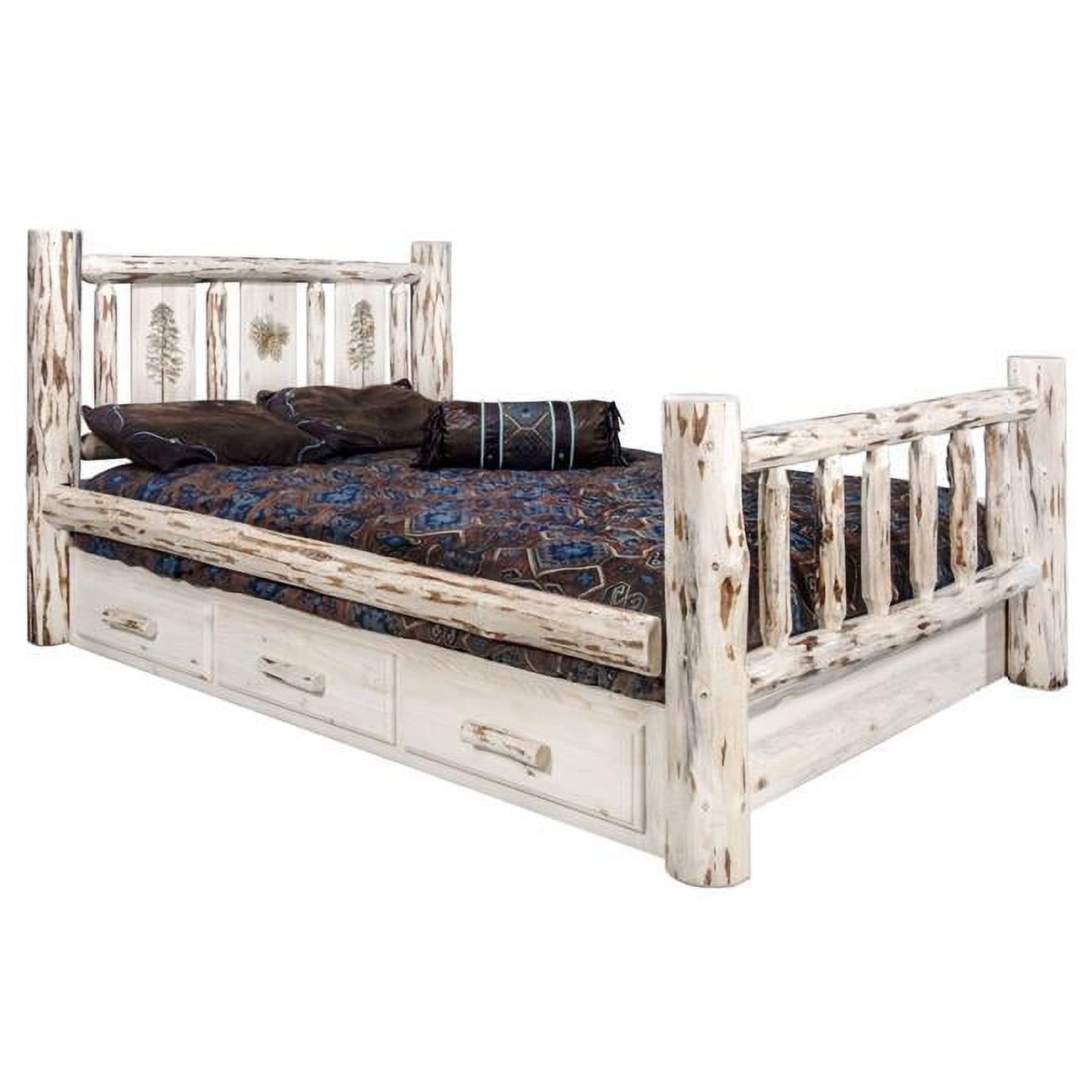 Montana Woodworks Wood Twin Storage Bed with Engraved Pine Design in Natural