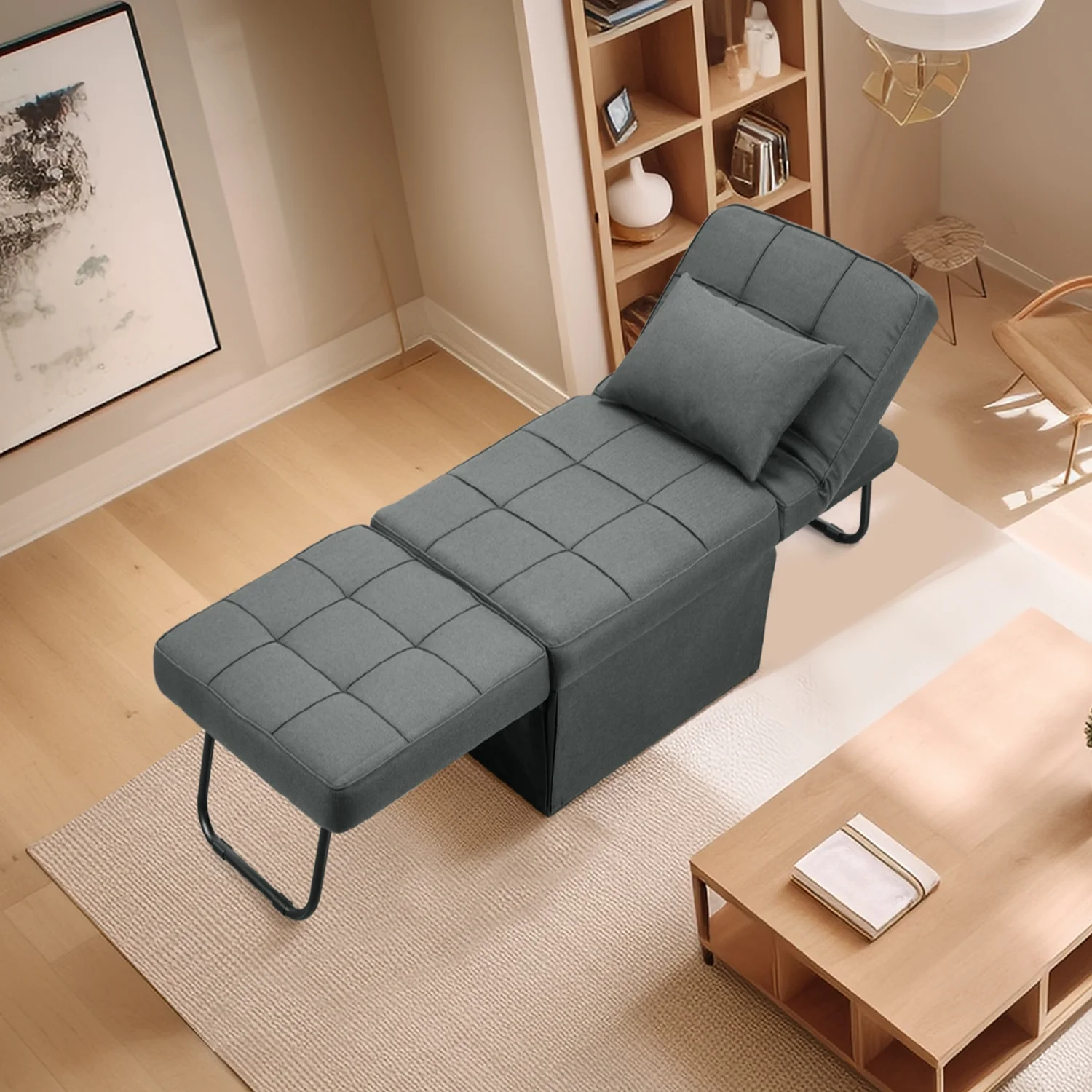 Ainfox Folding Sofa Bed, Convertible Ottoman Chair Chaise Sofa Bed 4 in 1 Multi-Function Modern Breathable Linen Couch Bed Guest Bed Lounge with Adjustable Sleeper ,Dark Grey