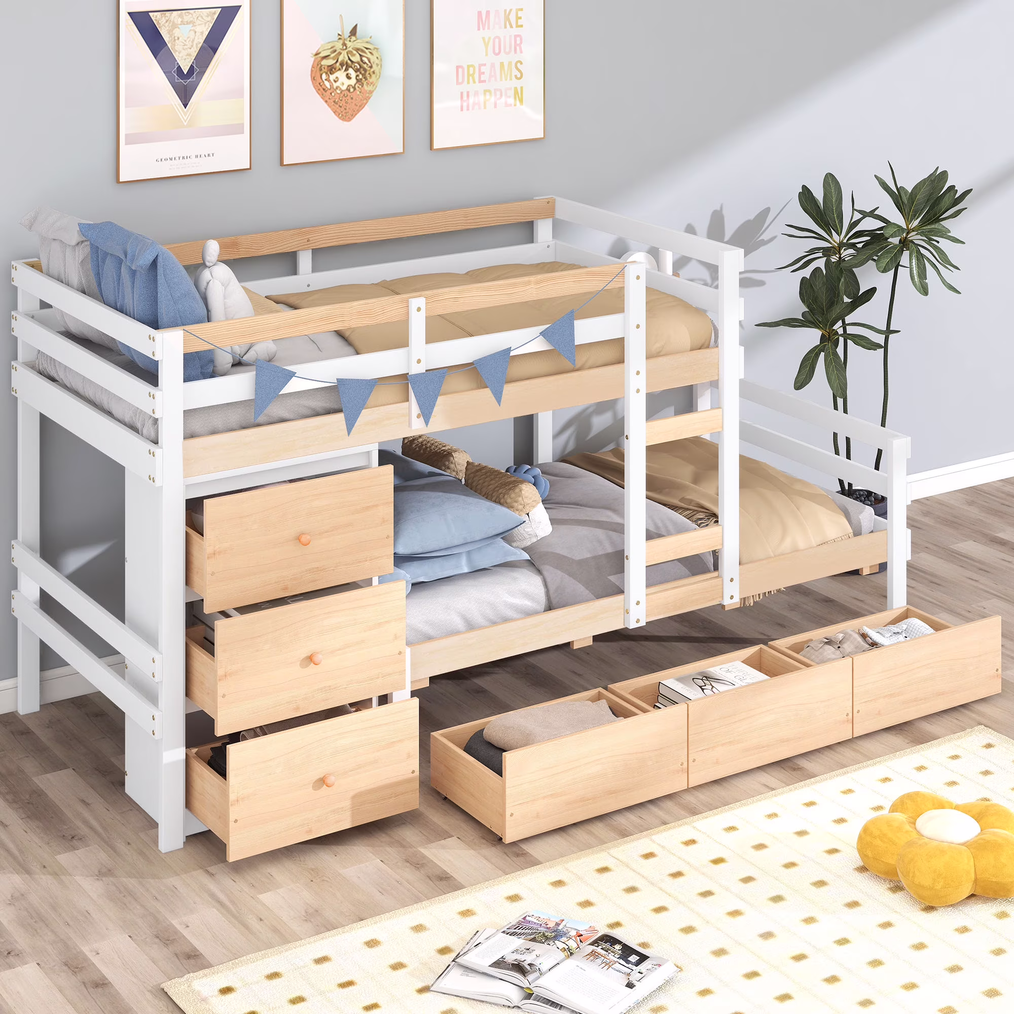 Euroco Twin over Twin Bunk Bed with Six Drawers for Kids Room, Natural