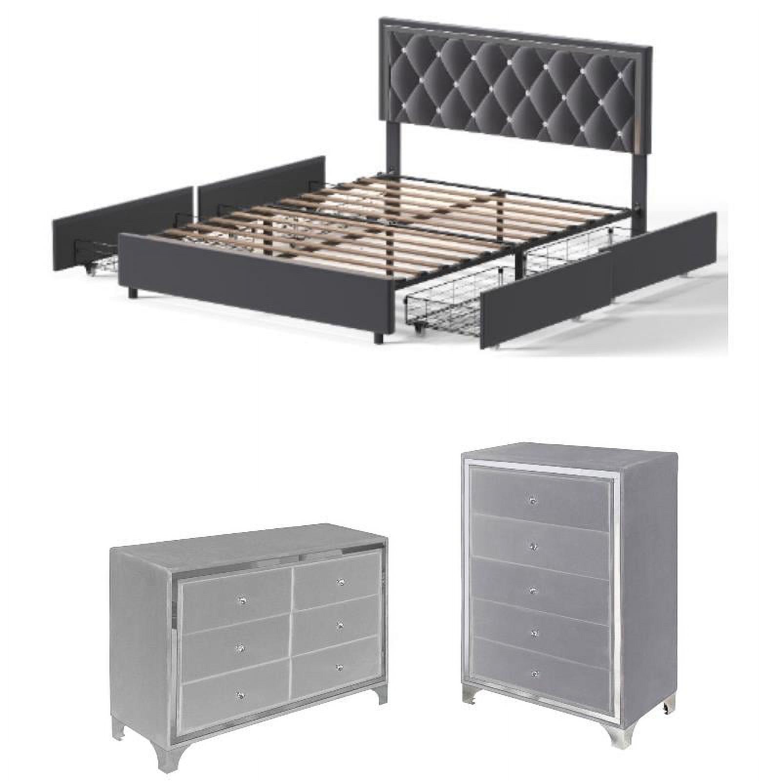 Home Square 3-Piece Set with 5 Drawer Chest & Dresser & Queen Bed in Gray