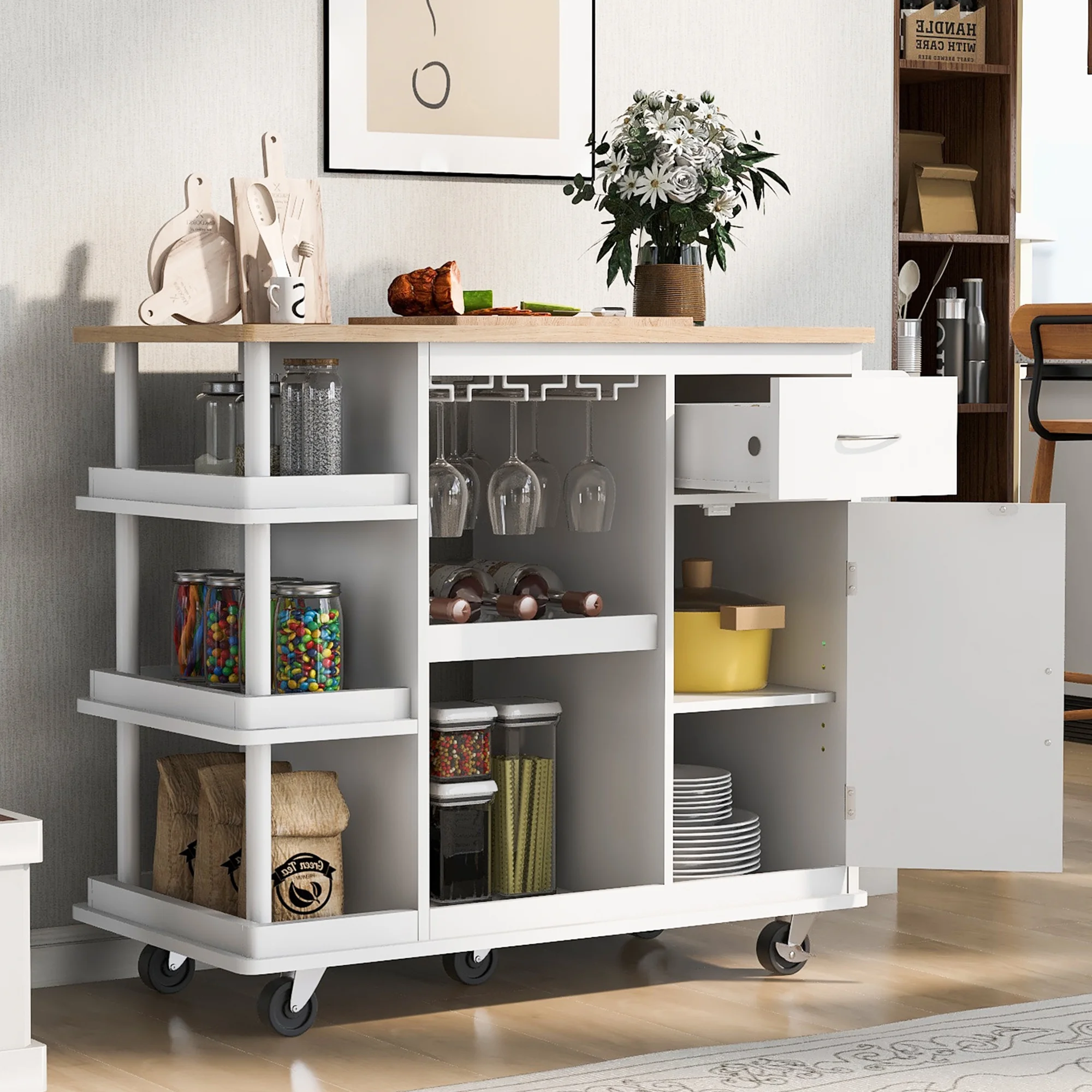 Mobile Kitchen Island with Storage, Rubber Wood Rolling Kitchen Cart with Doors Drawer Wine Racks Adjustable Shelves Lockable Wheels