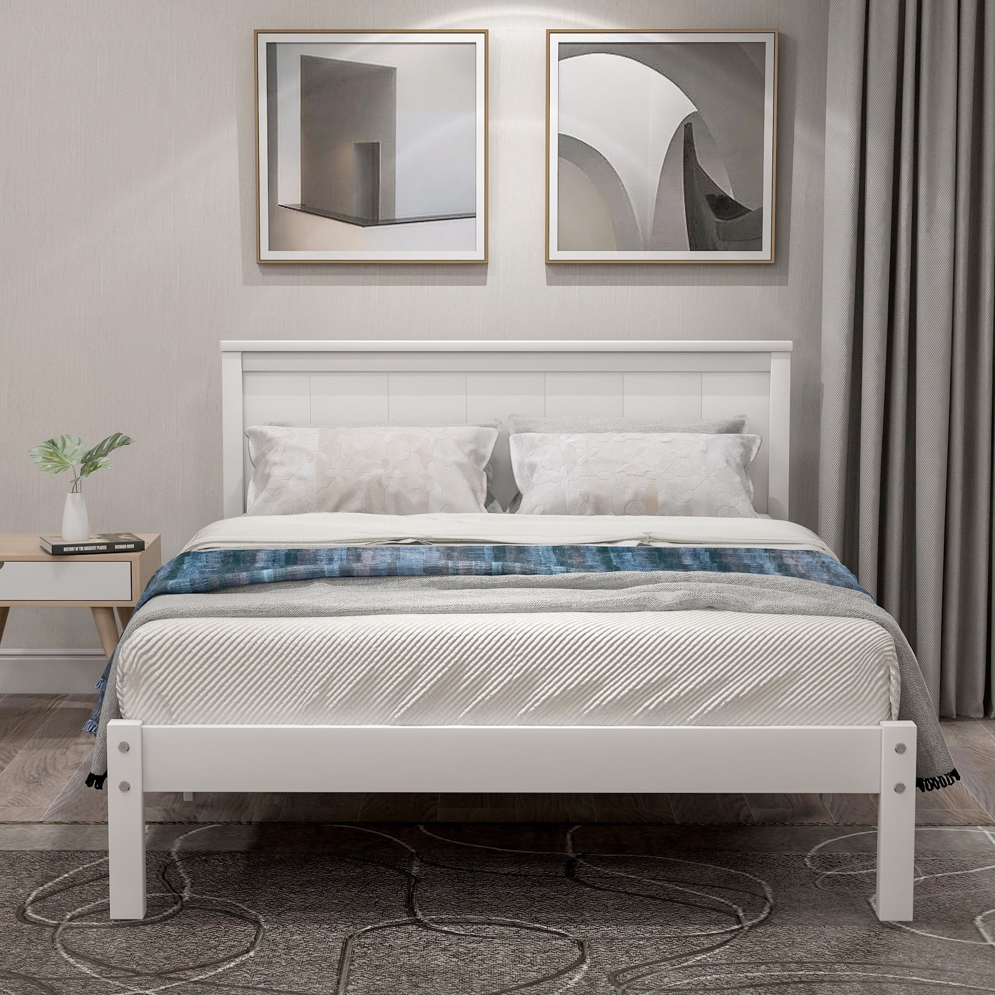 Platform Bed Frame with Headboard , Wood Slat Support , No Box Spring Needed ,Twin,White(OLD SKU:WF191418AAK)