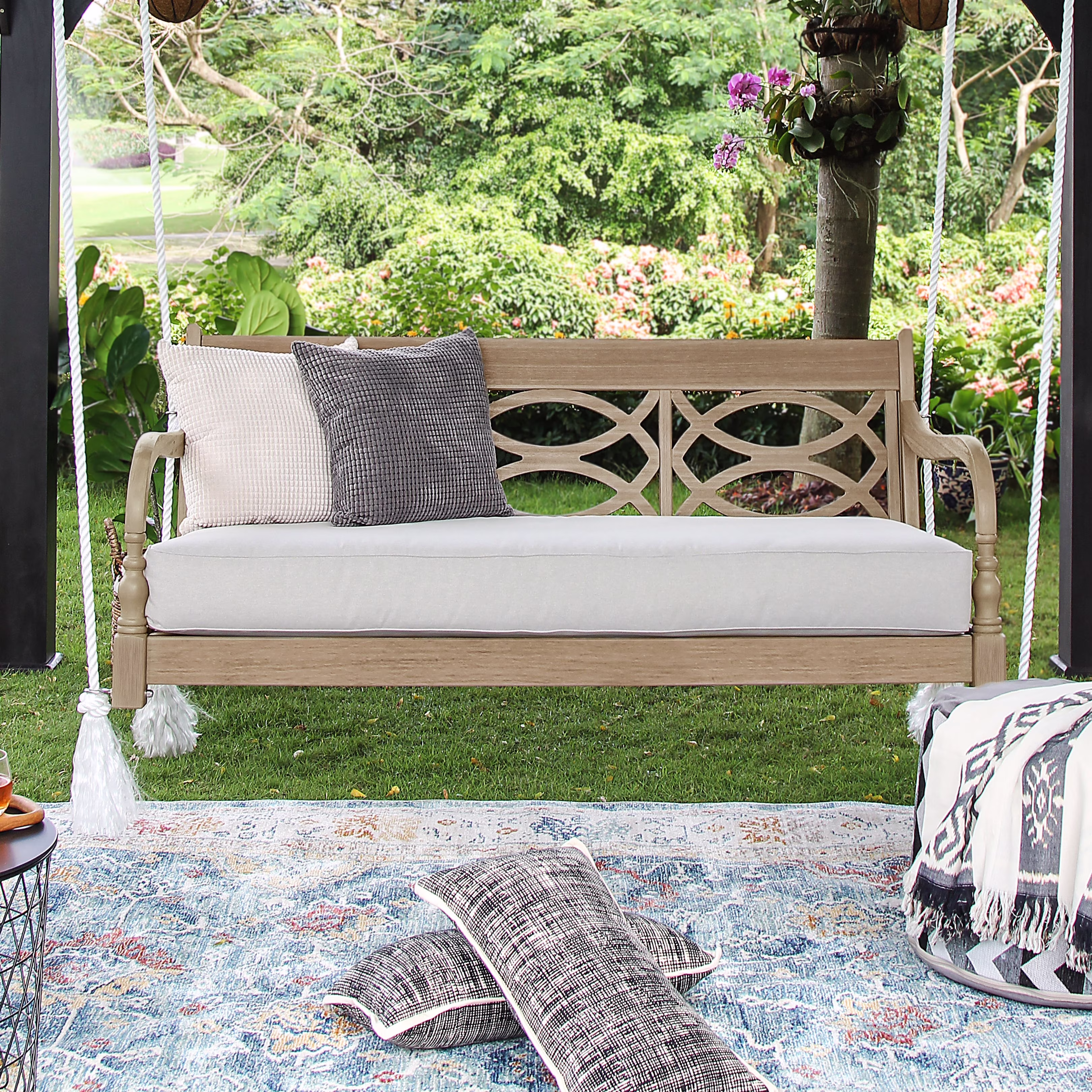 Cambridge Casual  Renley Wood Outdoor Swing Daybed with Cushion Lime Wash/Oyster Cushion
