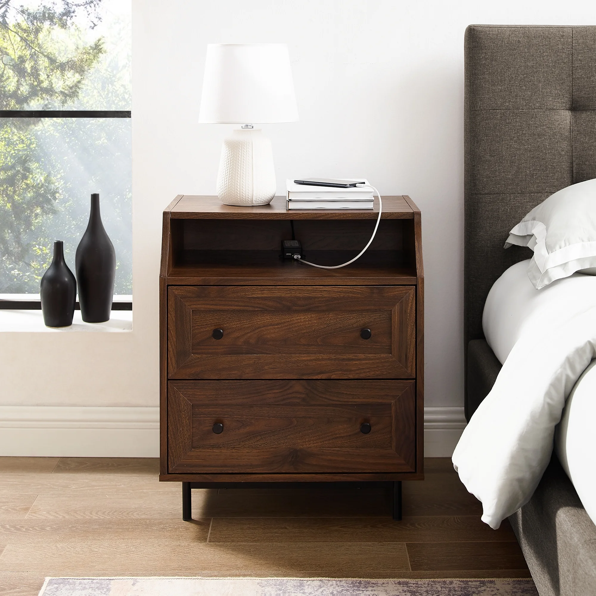 Walker Edison Modern 2 Drawer Nightstand with USB Port, Dark Walnut