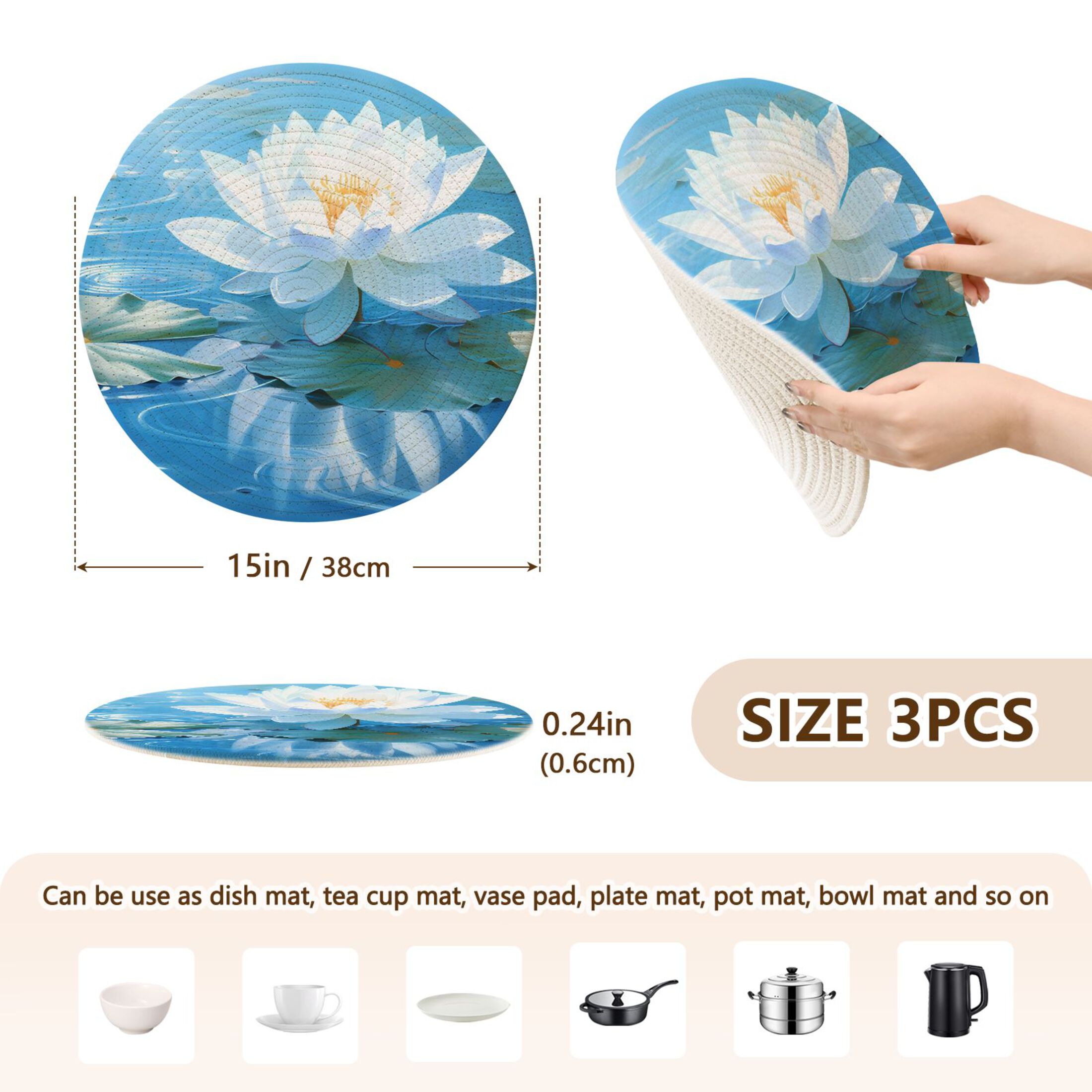 Flower Lotus 3 PCs Pot Holders Trivets Kitchen 15