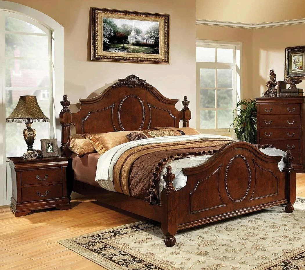 Traditional Brown Cherry Solid Wood Queen Bedroom Set 3pcs FOA CM7952-Q Velda