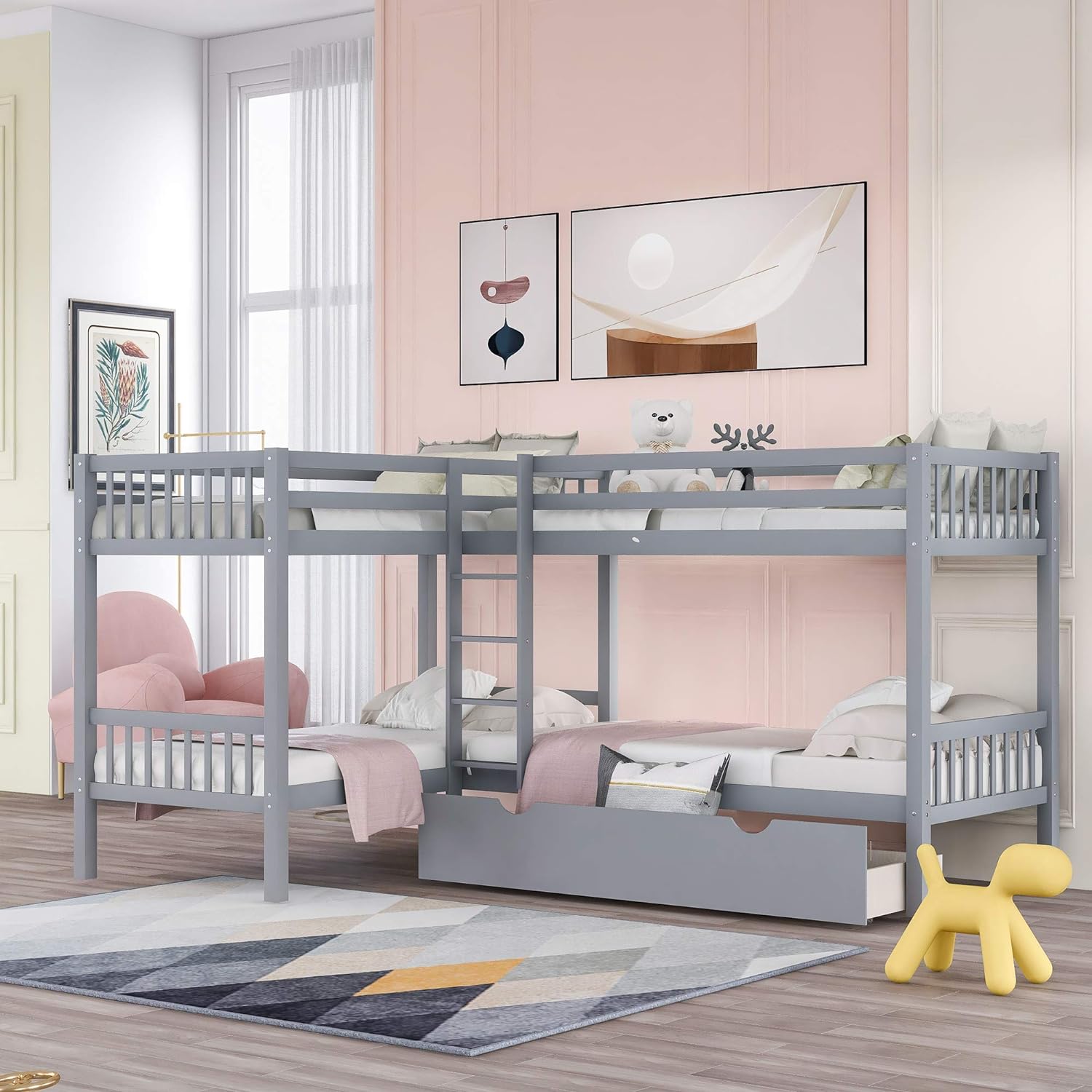 Wooden Bunk Beds For 4 Kids, Over L-Shaped Bunk Bed Frame With Storage Drawers(Gray)