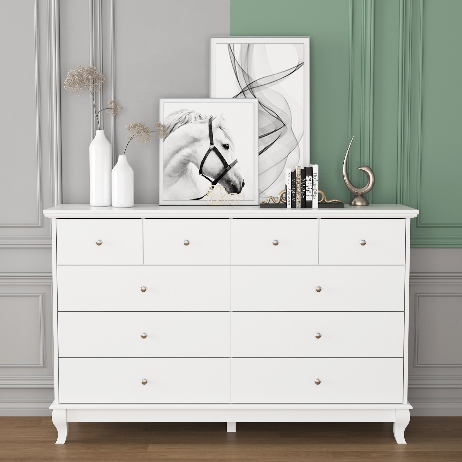 FUFU&GAGA 55.1W Chest Dresser Cloest for Bedroom Double Dresser White/Black White