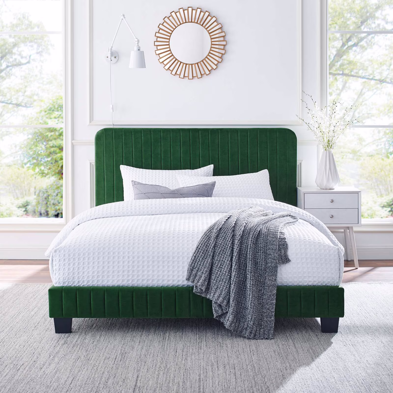Modway Celine Channel Tufted Performance Velvet Full Platform Bed in Emerald