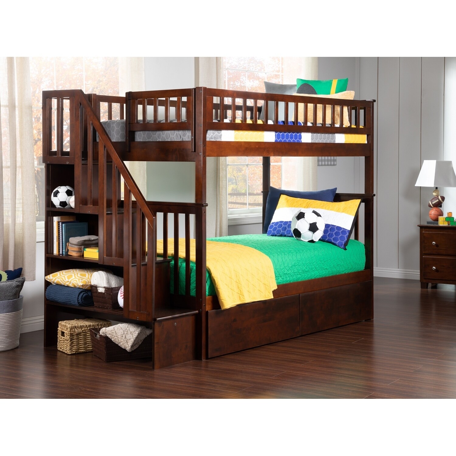 AFI Woodland Staircase Bunk Bed Twin over Twin with 2 Drawers in Walnut
