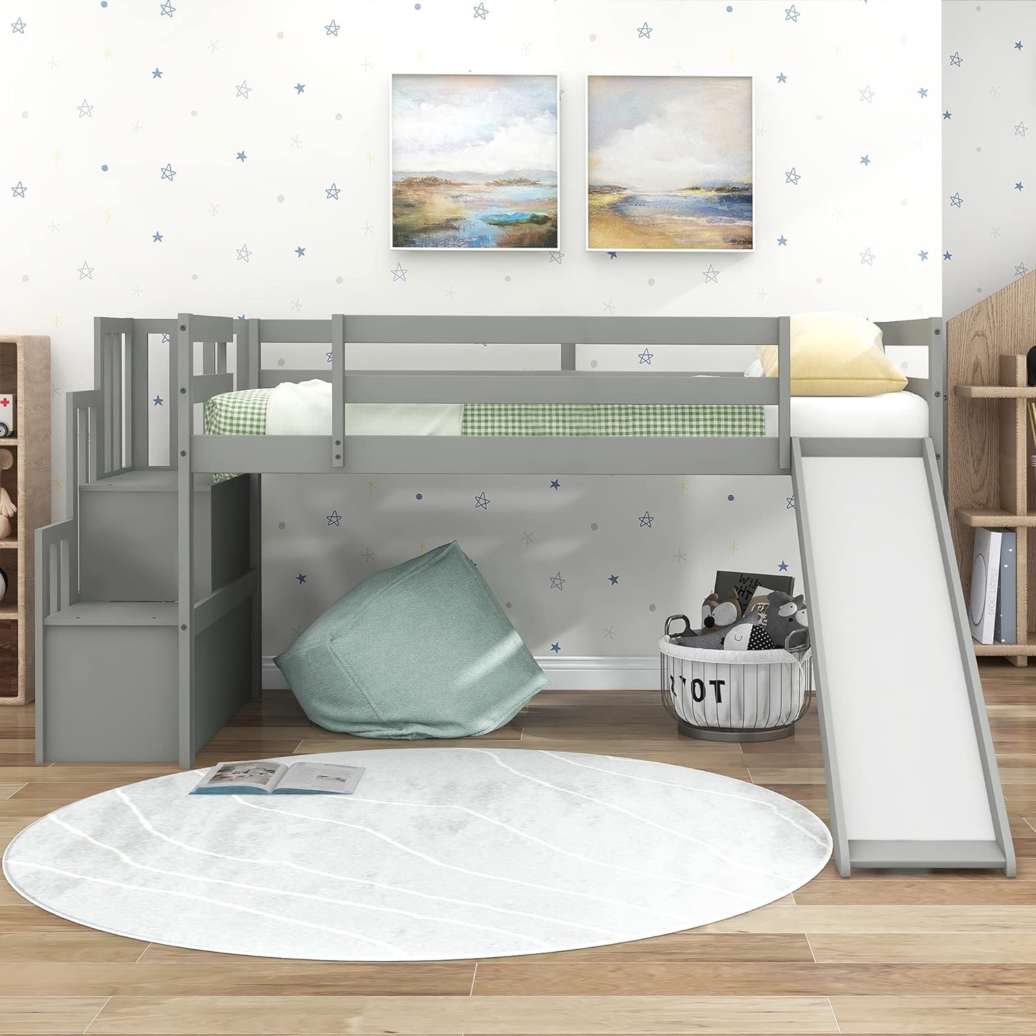 Loft Bed With Slide, Low Loft Bed Frame With Stairs And Storage Shelves, Slide Loft Bed For Boys Girls, No Box Spring Needed, Grey