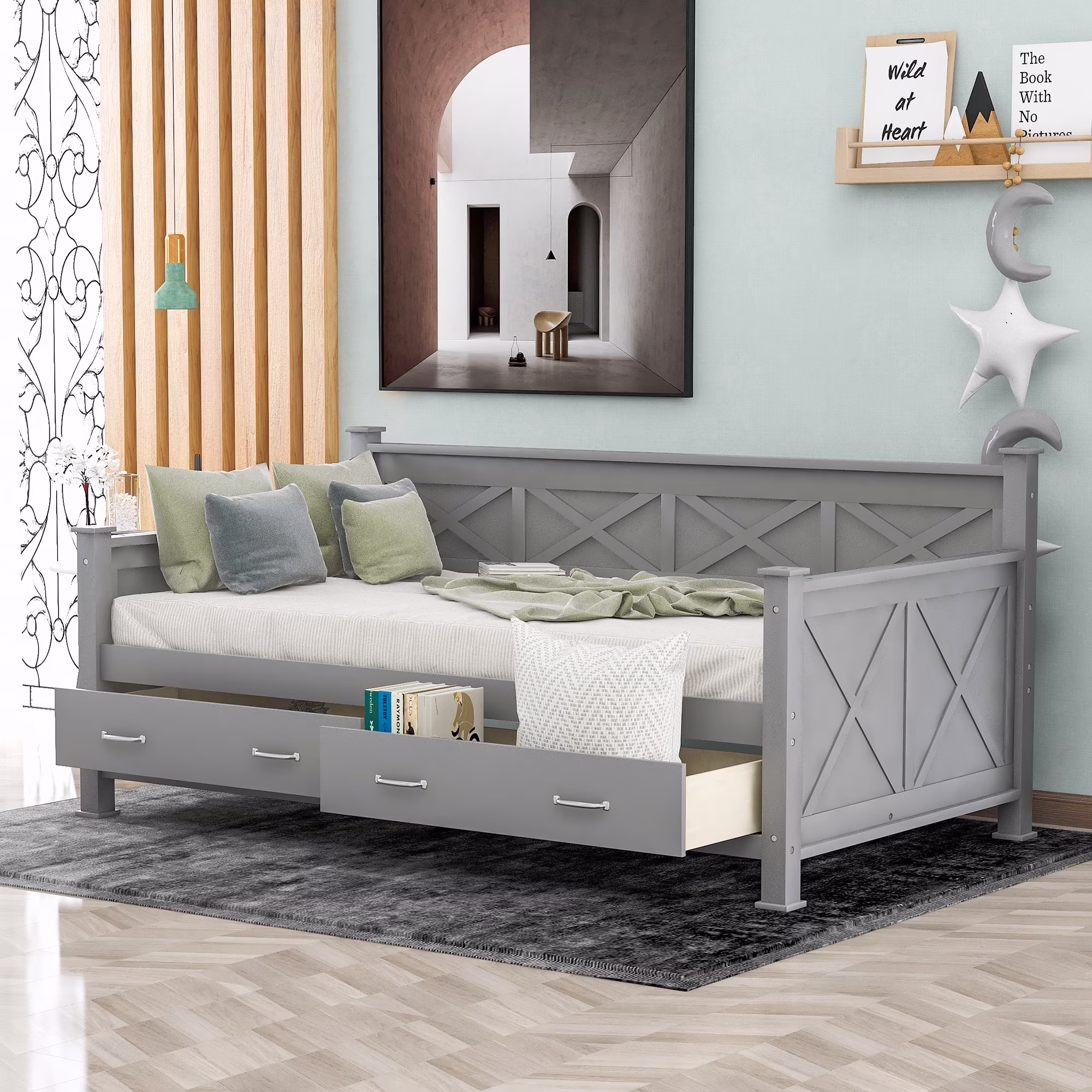 Gray Wooden Daybed with 2 large drawers, compact design makes it suitable for any room, Twin Size