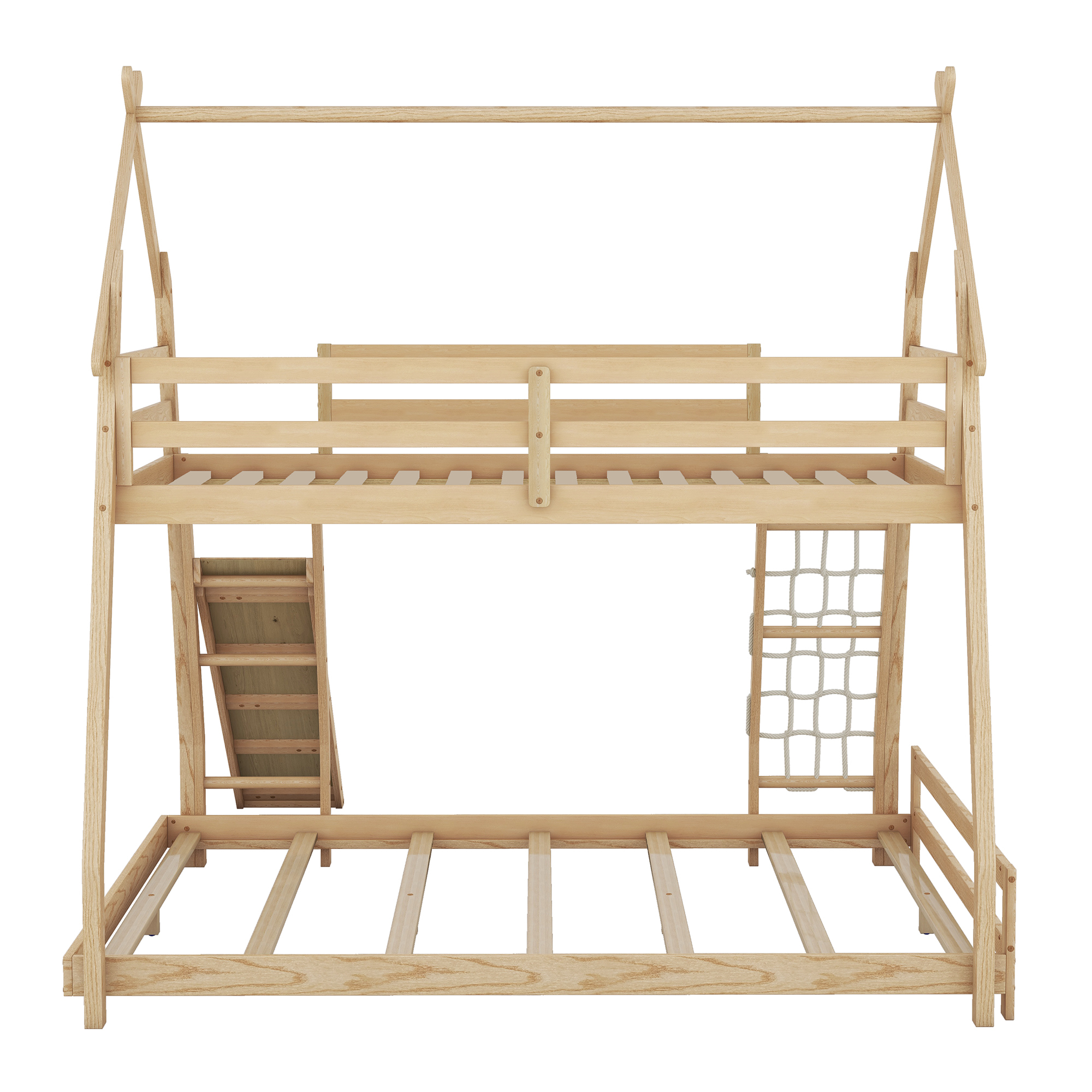 Dawn Whisper Twin over Queen House Bunk Bed with Climbing Nets and Climbing Ramp, Natural