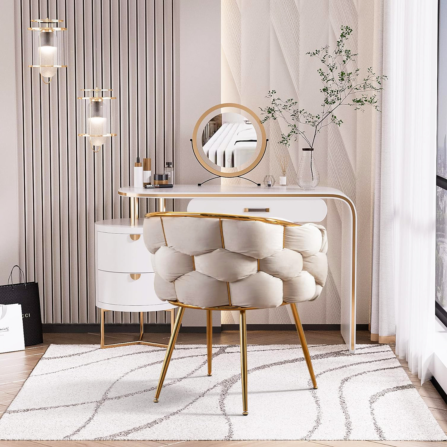 Glavbiku Luxury Modern Upholstered Velvet 1 Seat Dining Chair,Lazy Dresser Stool,Beige,Adult