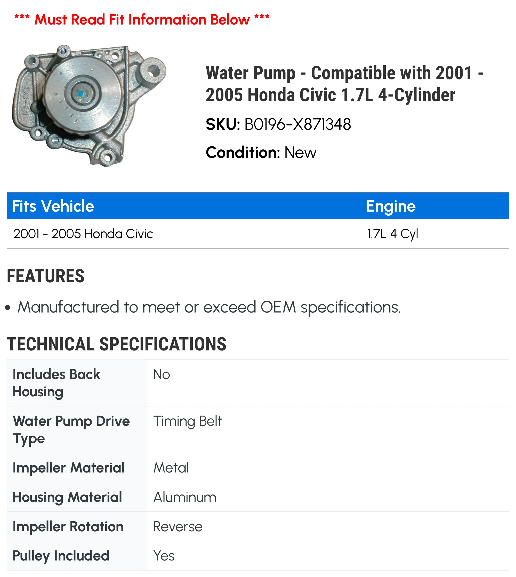 Water Pump - Compatible with 2001 - 2005 Honda Civic 1.7L 4-Cylinder 2002 2003 2004