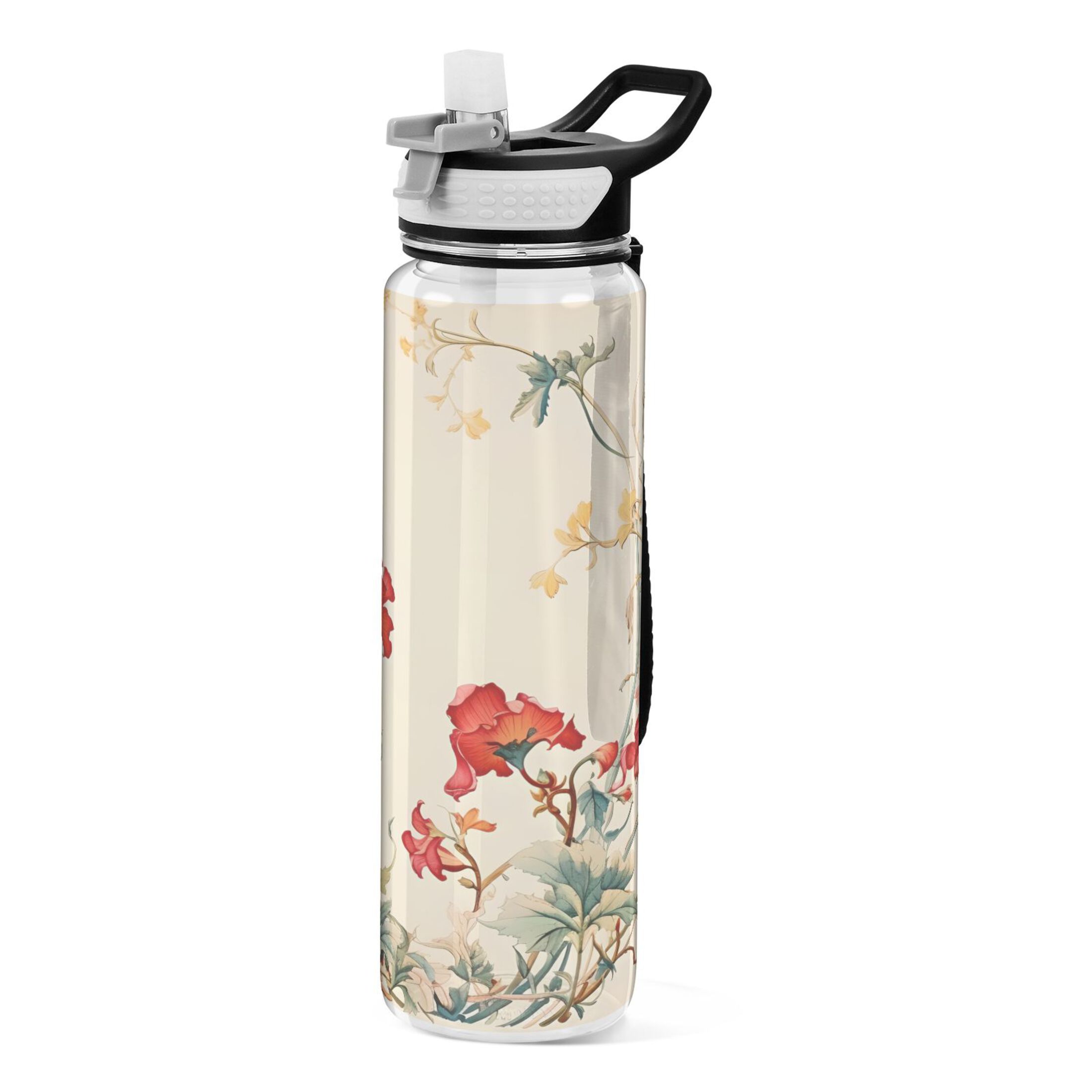 Flowers on Yellow 32oz Water Bottles with Straw Tritan Leakproof Sports Bottle BPA Free Clear for Fitness Gym Swimming Cycling