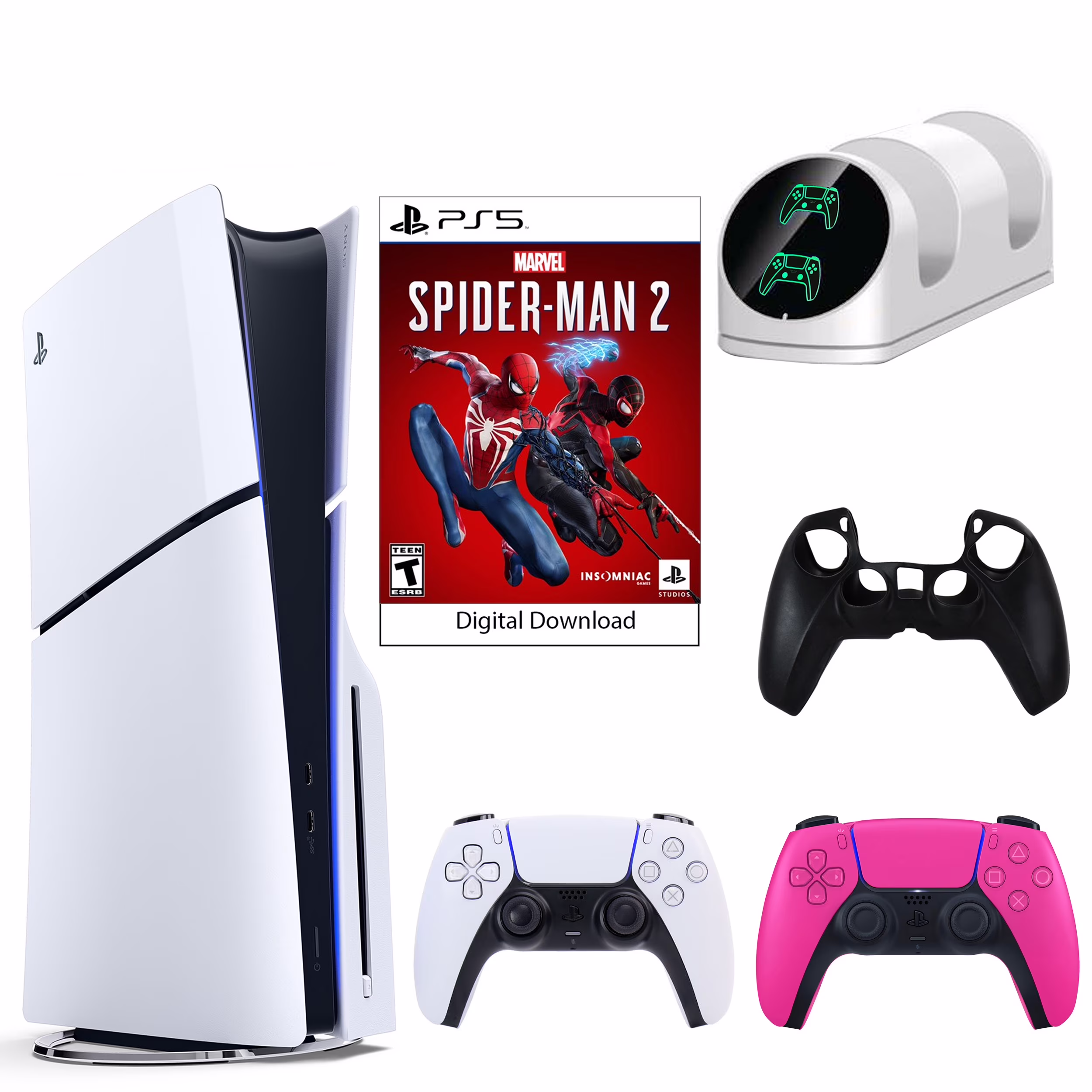 Sony PlayStation 5 Slim Spider Man 2 Slim Console with Extra Pink Dualsense Controller, Dual Charging Dock and Silicone Sleeve