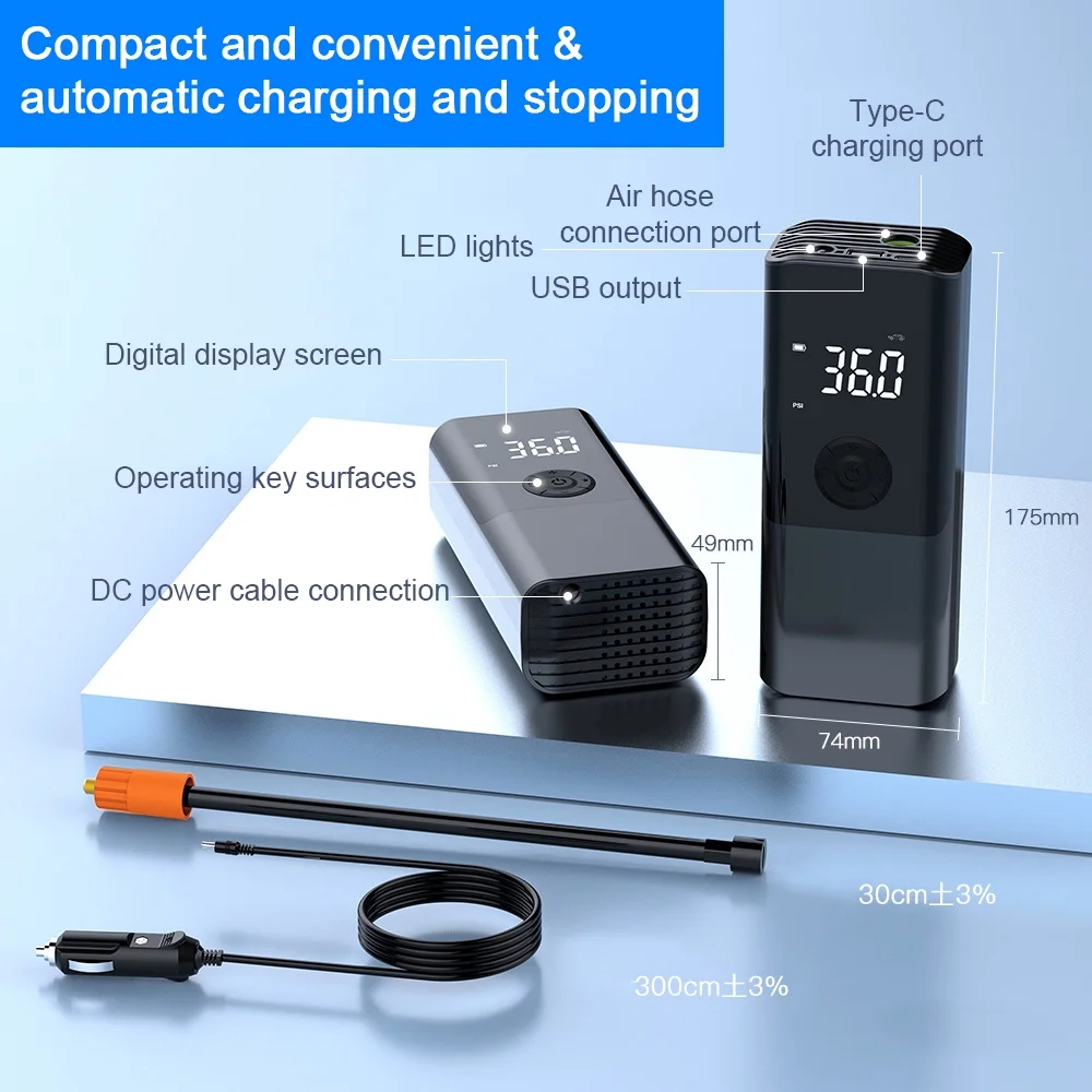 Pinnaco Electric Inflator Portable Car Air Pump 150PSI Handheld Tire Inflator LED Light Support Power Bank