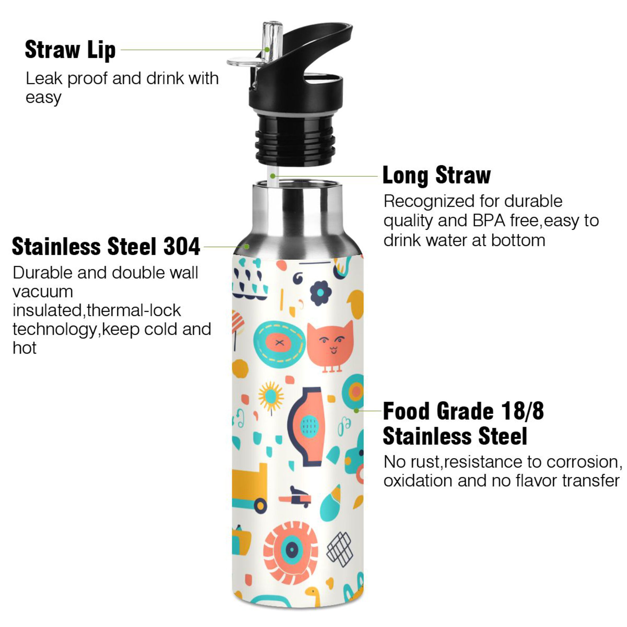 Cute Trucks Water Bottles Insulated Thermos Kids Stainless Steel Bottle with Straw Lid Flask Leakproof for Sports Gym 20 oz