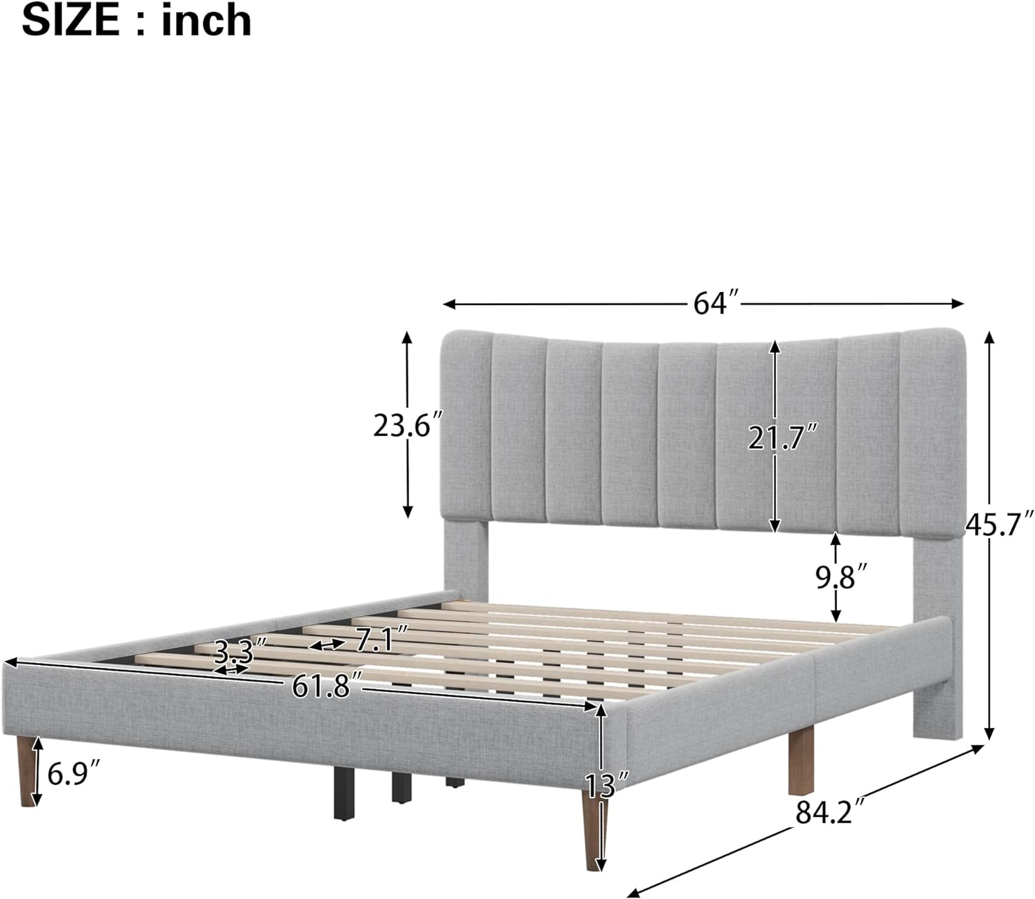 Queen Size Platform Bed Upholstered Platform Beds With Vertical Channel Tufted Headboard, Queen Bed Frame For Bed Room, No Box Spring Needed (Grey)
