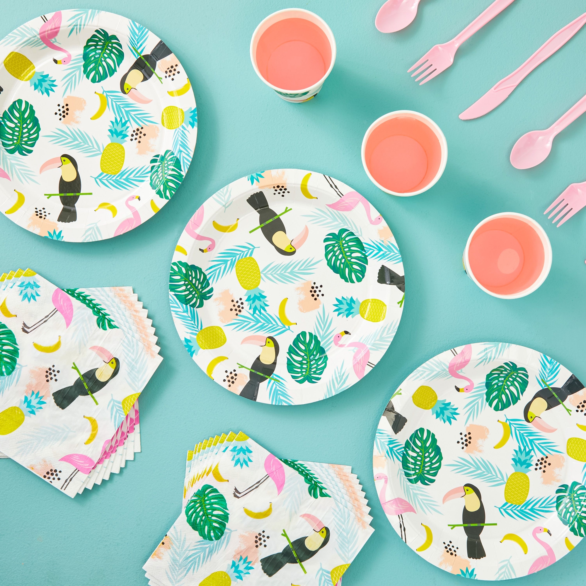 144-Piece Set of Tropical Paper Plates, Flamingo Napkins, Cups, Pink Cutlery for Hawaiian Luau Party Supplies, Summer Birthday Decorations, Disposable (Serves 24)