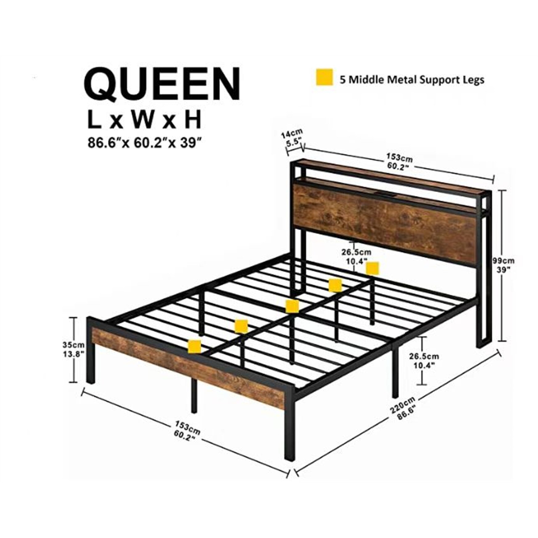YJTONWIN Metal Platform Bed Frame with Wooden Headboard and Footboard Queen