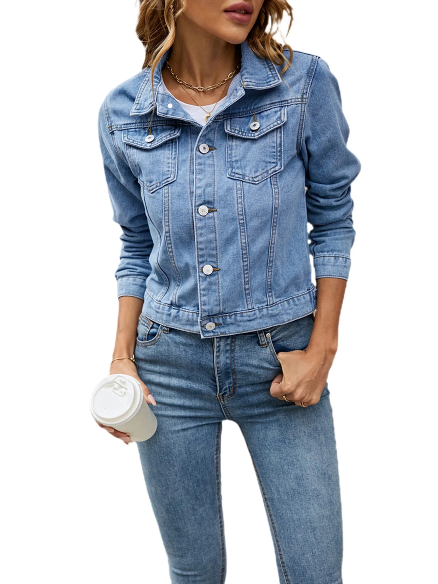 Youweixiong Women's Solid Denim Jacket Casual Long Sleeve Button Down Jean Jacket