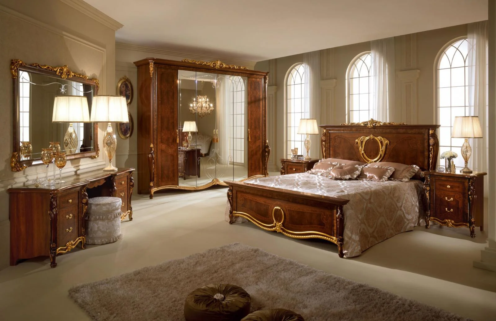 Luxury Walnut Glossy Donatello Night Queen Bed Carved Wood Made in Italy ESF, Durability