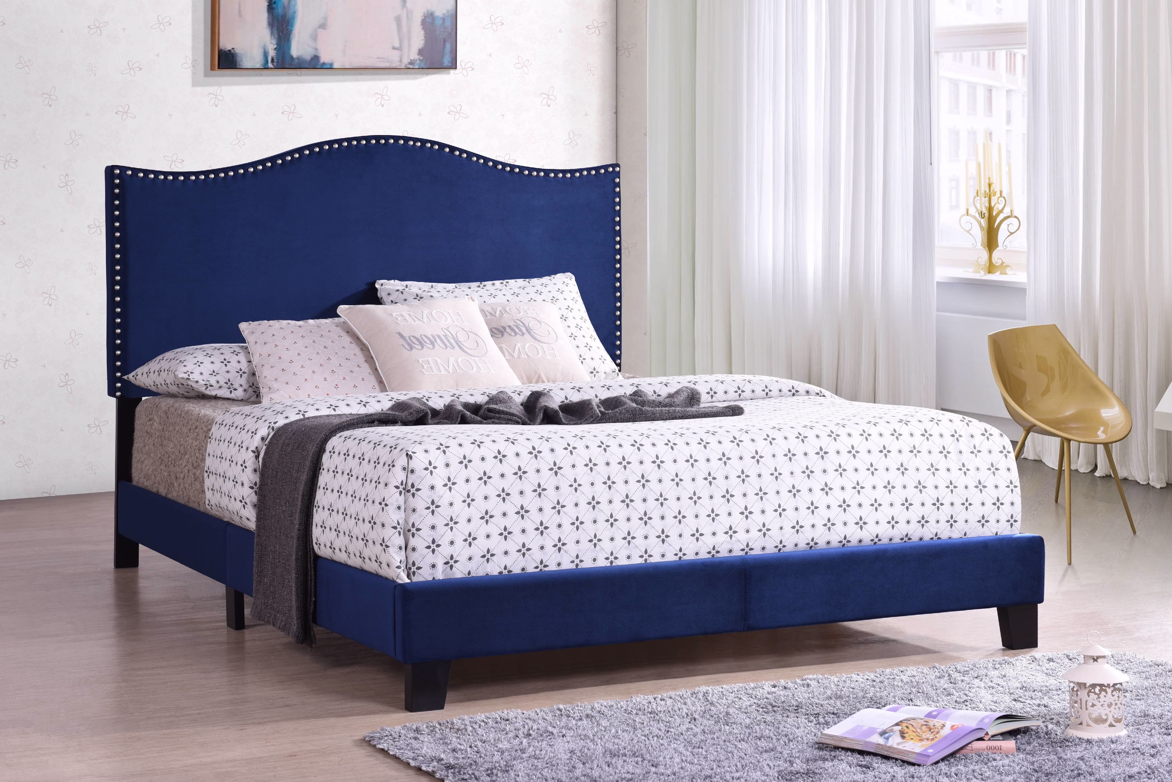 Skye Upholstered Panel Bed, Blue Velvet, Full, With Solid Wood Legs, Nailhead Headboard, Footboard, Rails, Slats
