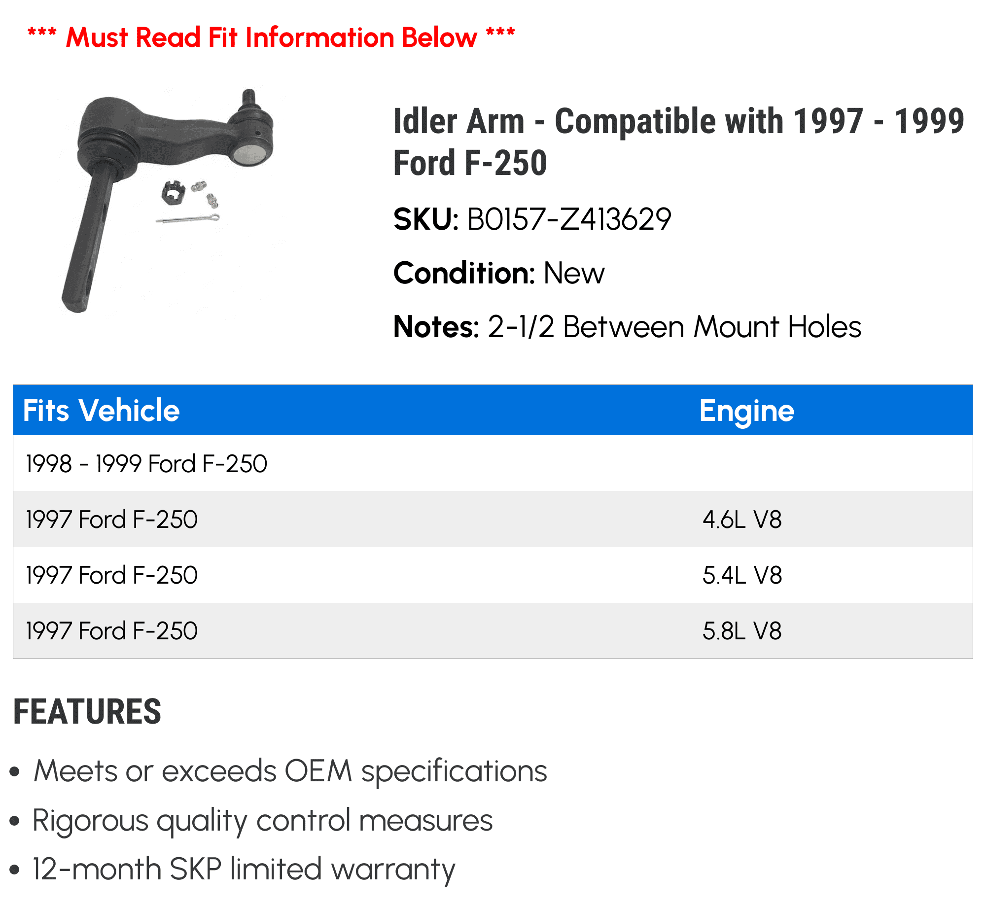 Idler Arm - Compatible with 1997 - 1999 Ford F-250 1998