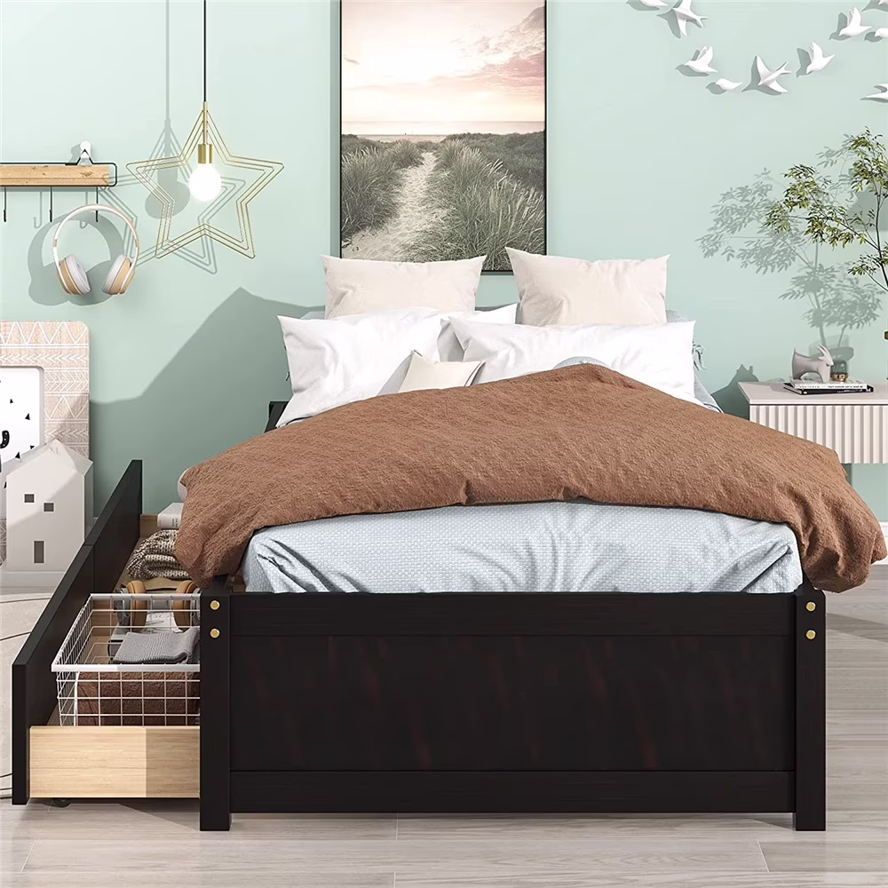 Twin Size Platform Bed Frame with 2 Drawers, SEGMART Twin Bed Frame with Storage, Wood Twin Size Bed Frame with Slat Support for Adults/Teens/Kids, Bed Frame No Box Spring Needed, Espresso, LLL4662