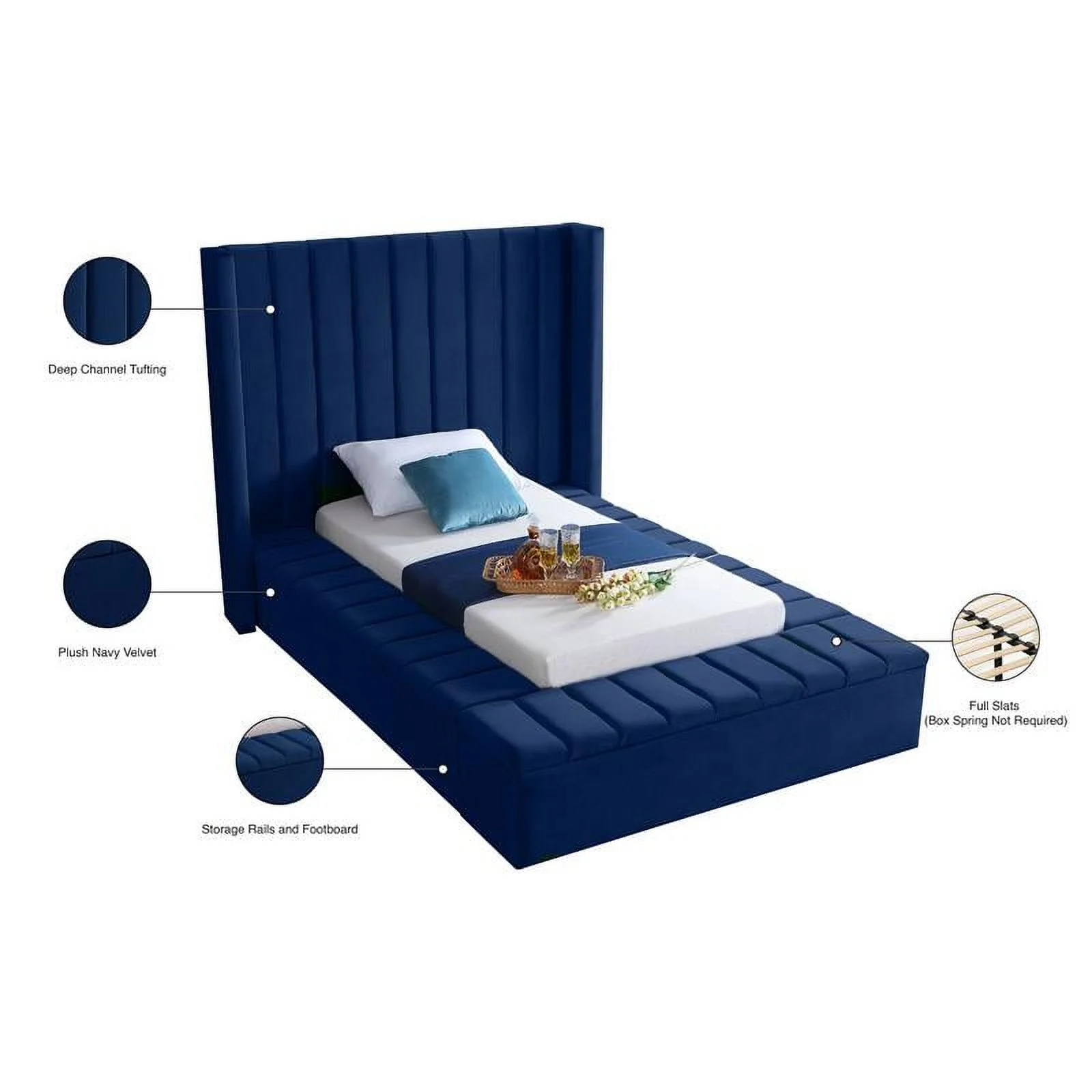 Meridian Furniture Kiki Solid Wood and Velvet Twin Bed in Navy