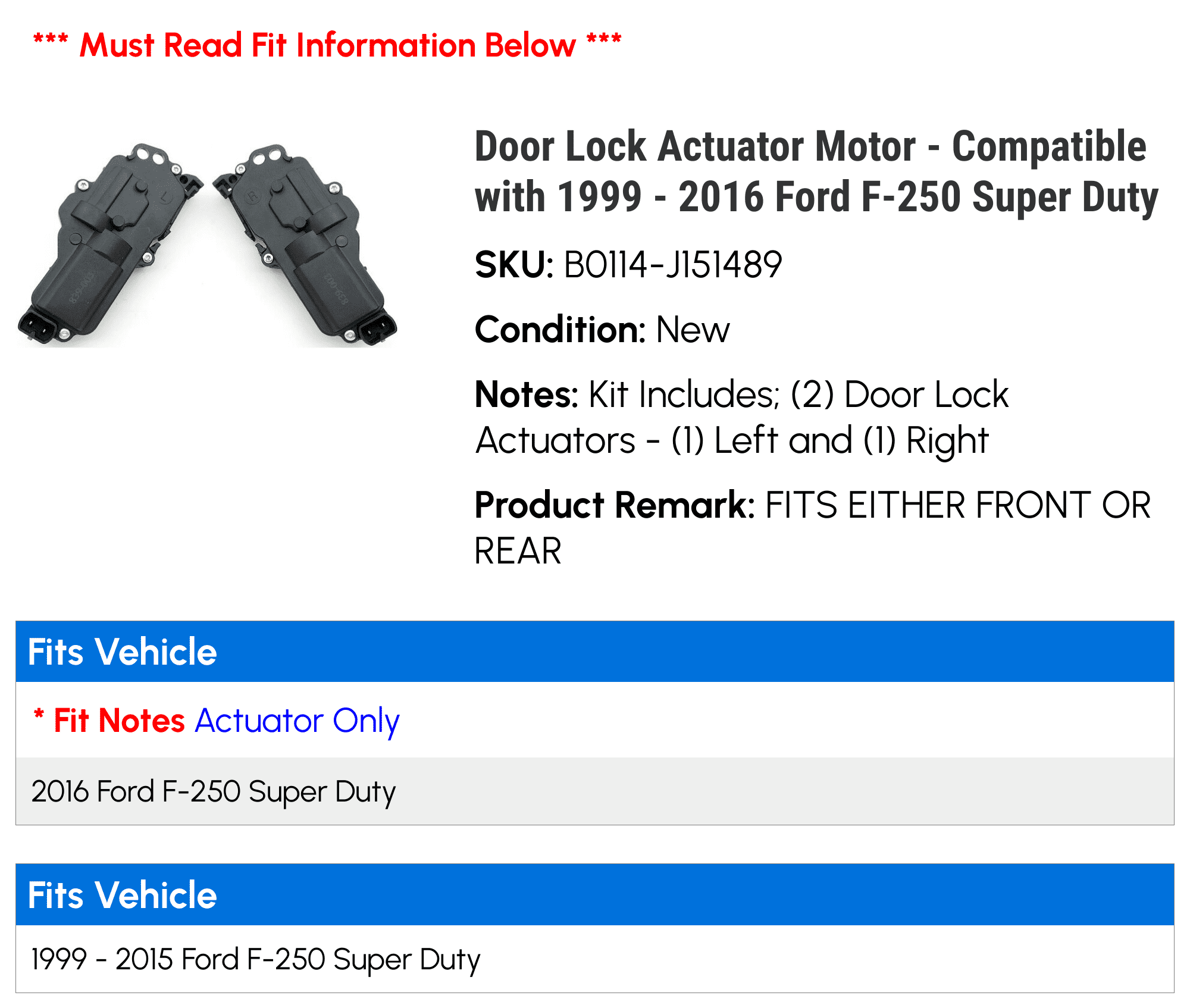 Door Lock Actuator Motor - Compatible with 1999 - 2016 Ford F-250 Super Duty 2000 2001 2002 2003 2004 2005 2006 2007 2008 2009 2010 2011 2012 2013 2014 2015