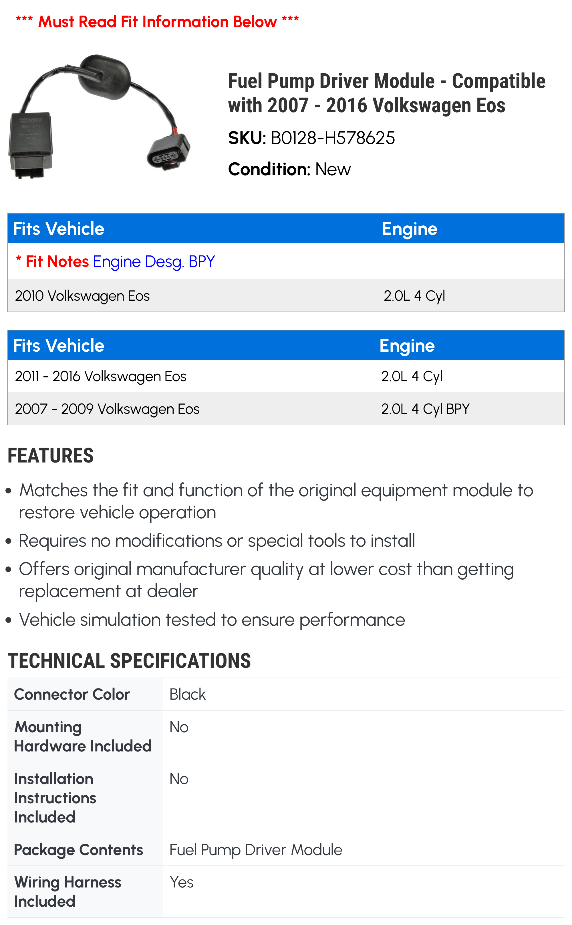Fuel Pump Driver Module - Compatible with 2007 - 2016 Volkswagen Eos 2008 2009 2010 2011 2012 2013 2014 2015