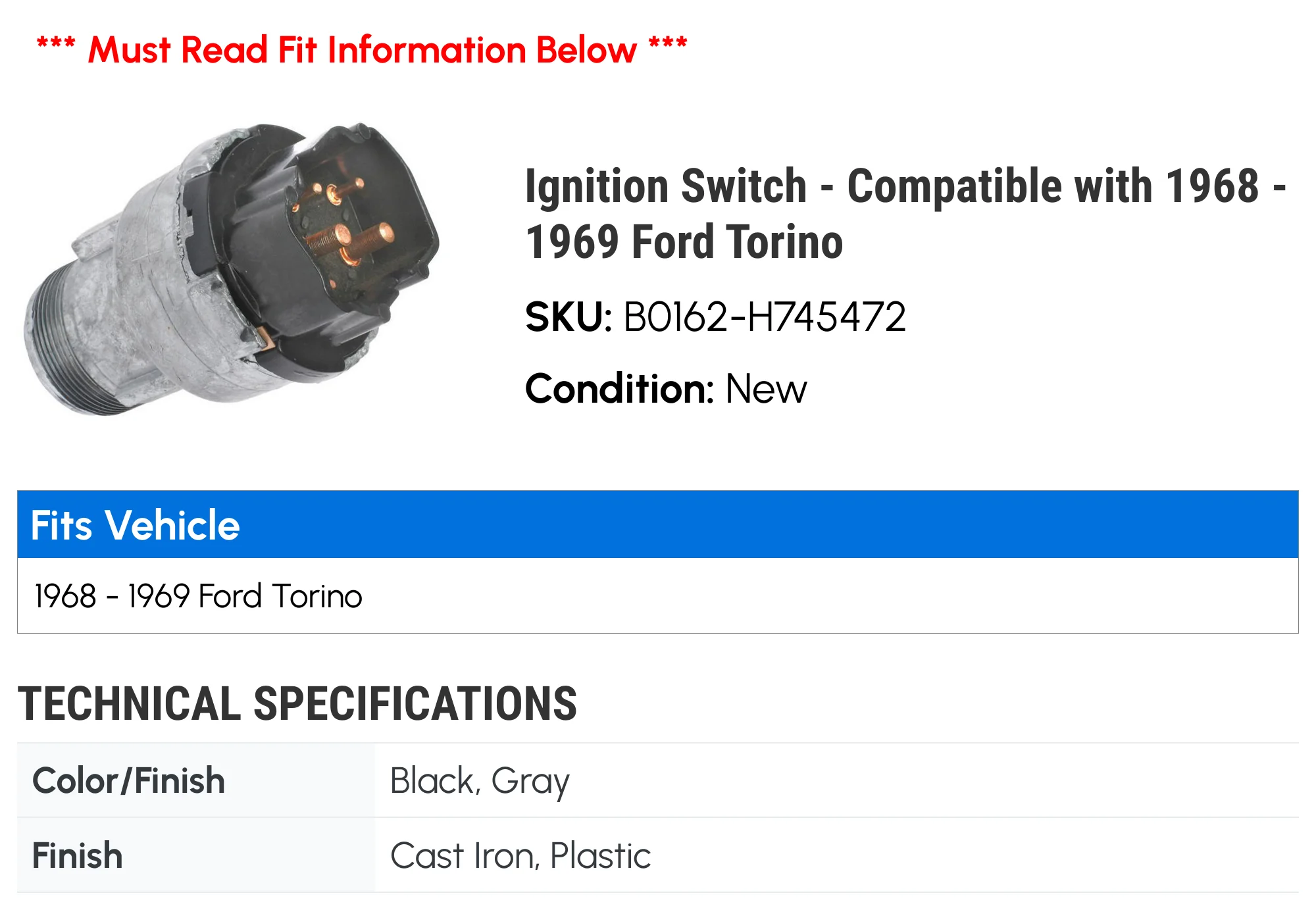 Ignition Switch - Compatible with 1968 - 1969 Ford Torino