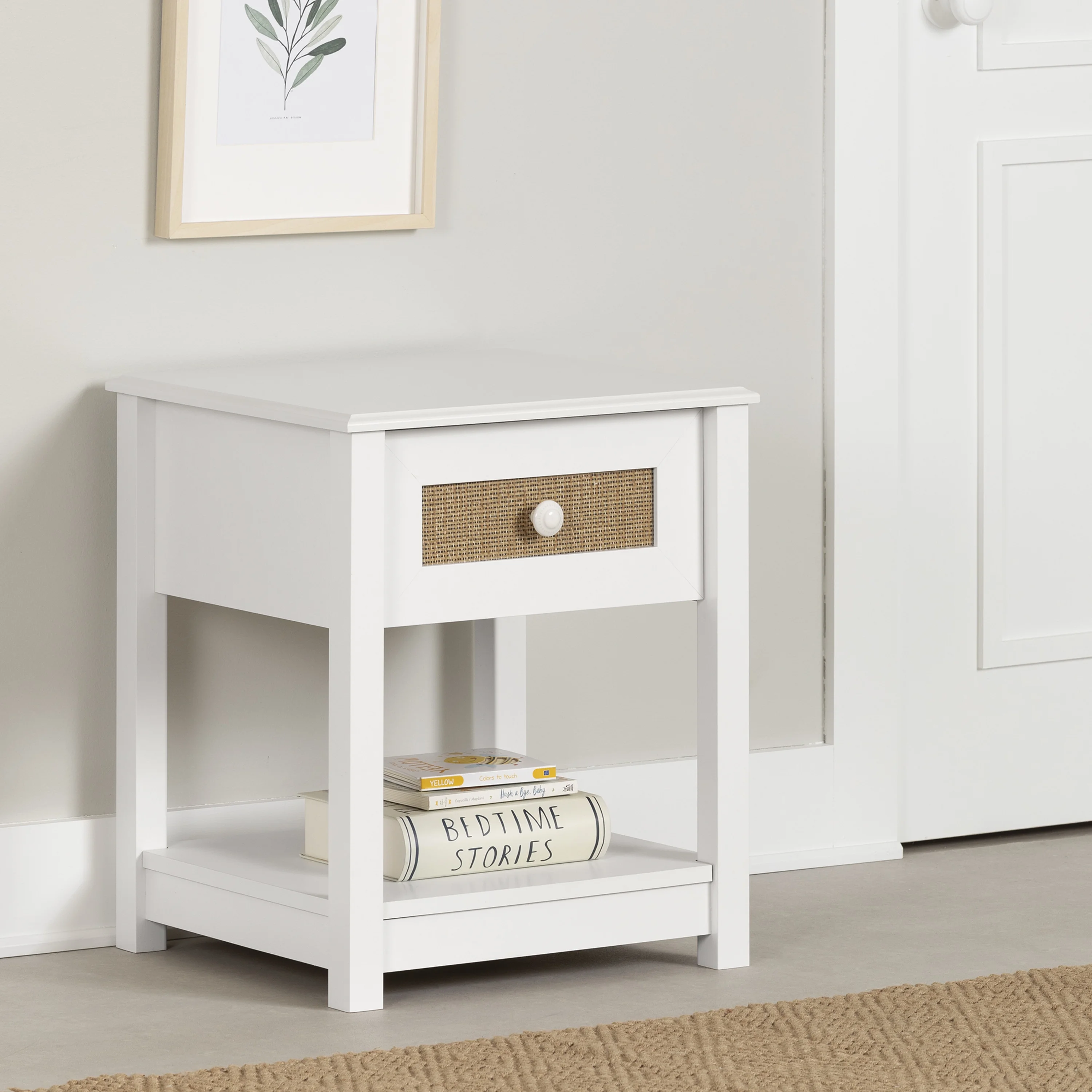 South Shore Bloom, Bohemian Harmony 1-Drawer Nightstand, White and Faux Printed Rattan