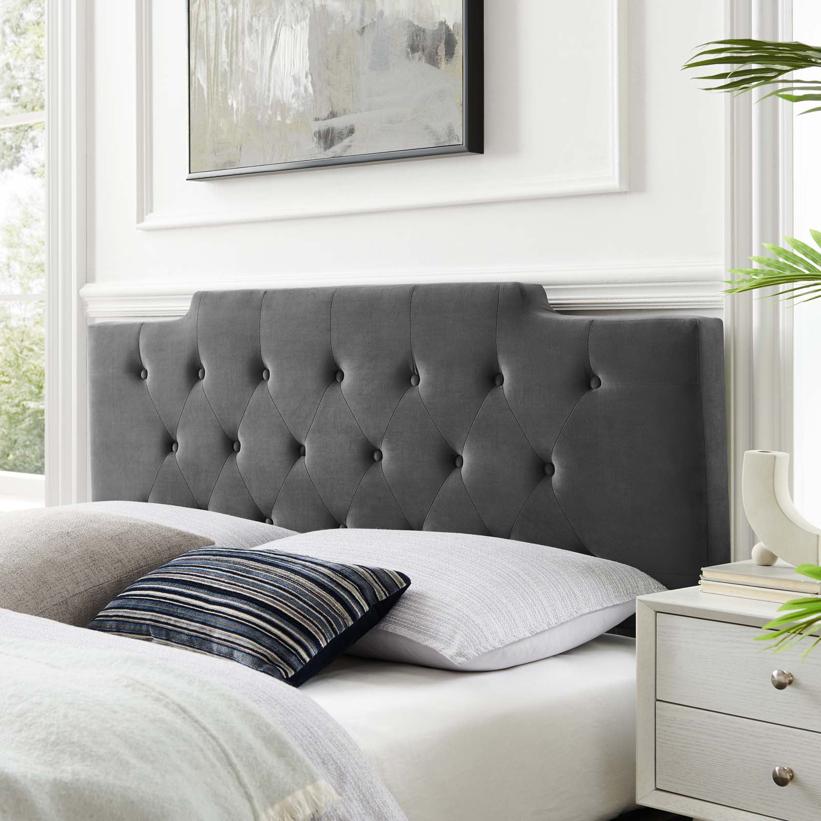 Tufted Headboard, Full Queen Size, Velvet, Dark Grey Gray, Modern Contemporary Urban Design, Bedroom Master Guest Suite