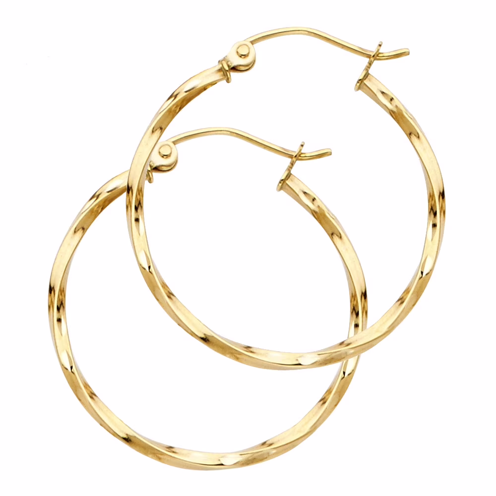 Curled Hoops 14k Yellow Gold Twisted Earrings Diamond Cut French Lock Polished Design 24 x 1.5 mm
