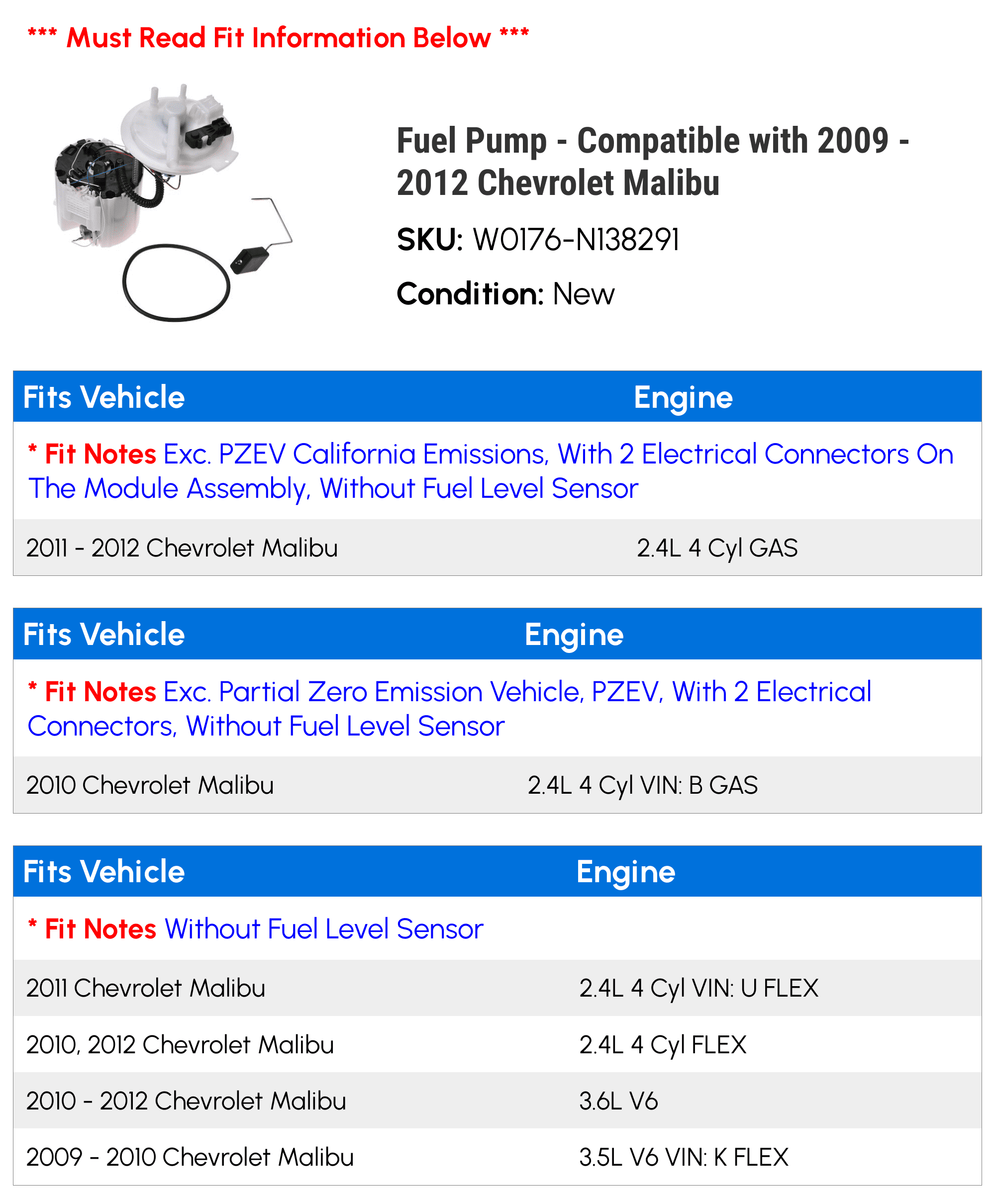 Fuel Pump - Compatible with 2009 - 2012 Chevy Malibu 2010 2011